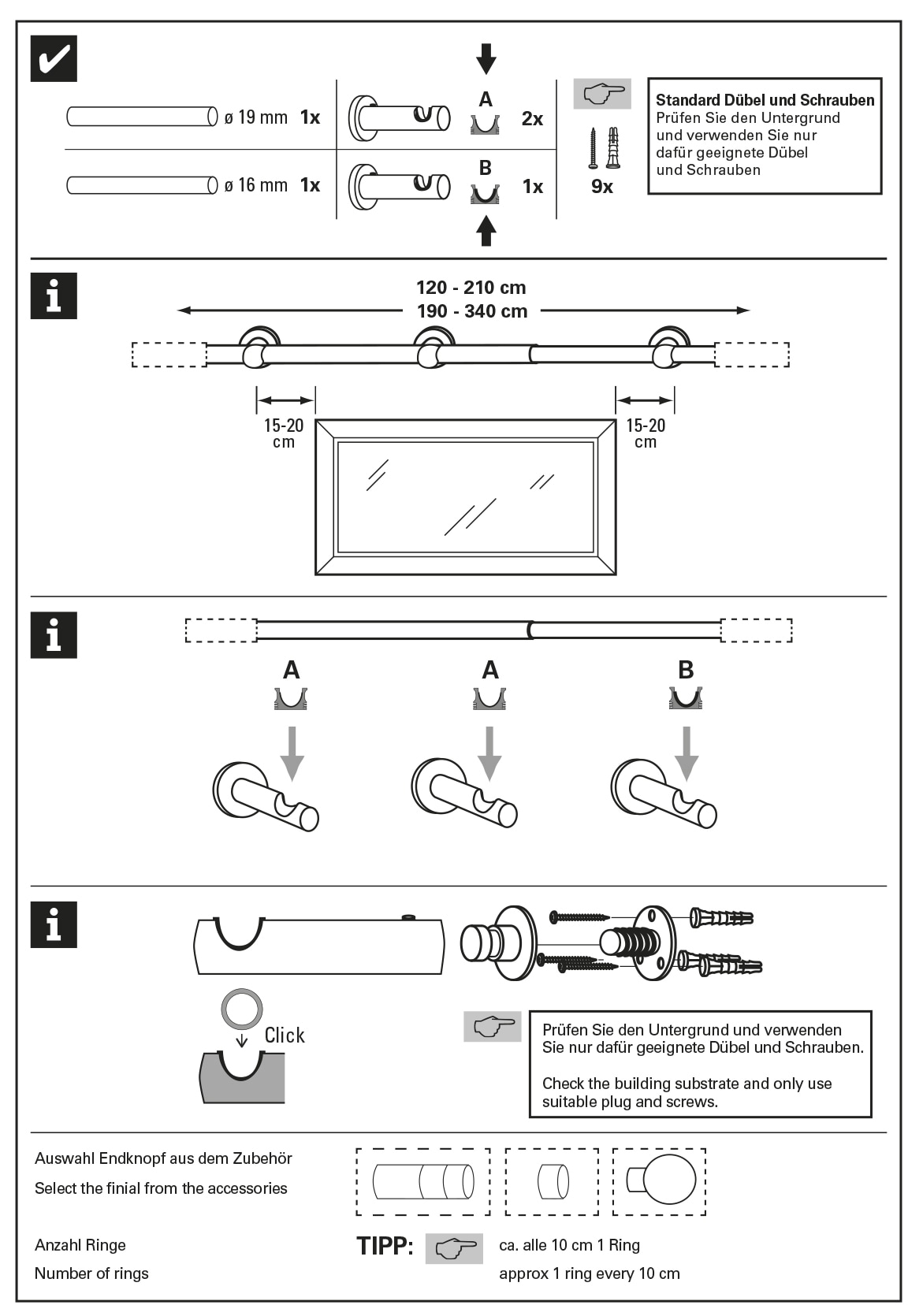 GARDINIA Tringle à rideaux »Set Sol 1-Lauf« Ø 1,9 mm 1 läufig-läufig mit Bohren, Wandmontage, Metall, Gardinenstangen Set aus Metall