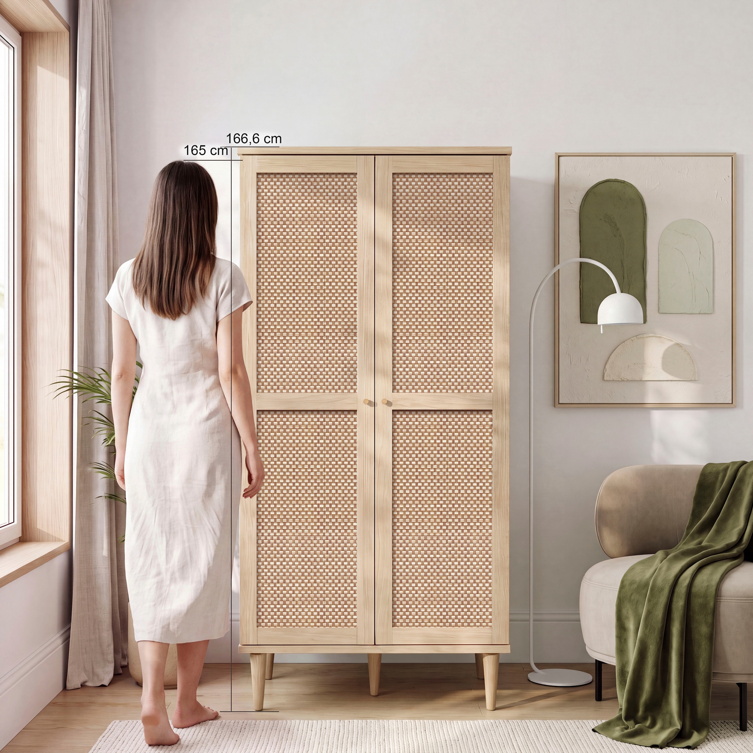 GOODproduct Kleiderschrank »ELLIAN, Kinderzimmerschrank, Rattan, Wiener Geflecht, 80cm breit« Boho-Stil, Holzfüsse, Metallgriffe, Made in EU, viel Stauraum, FSC®