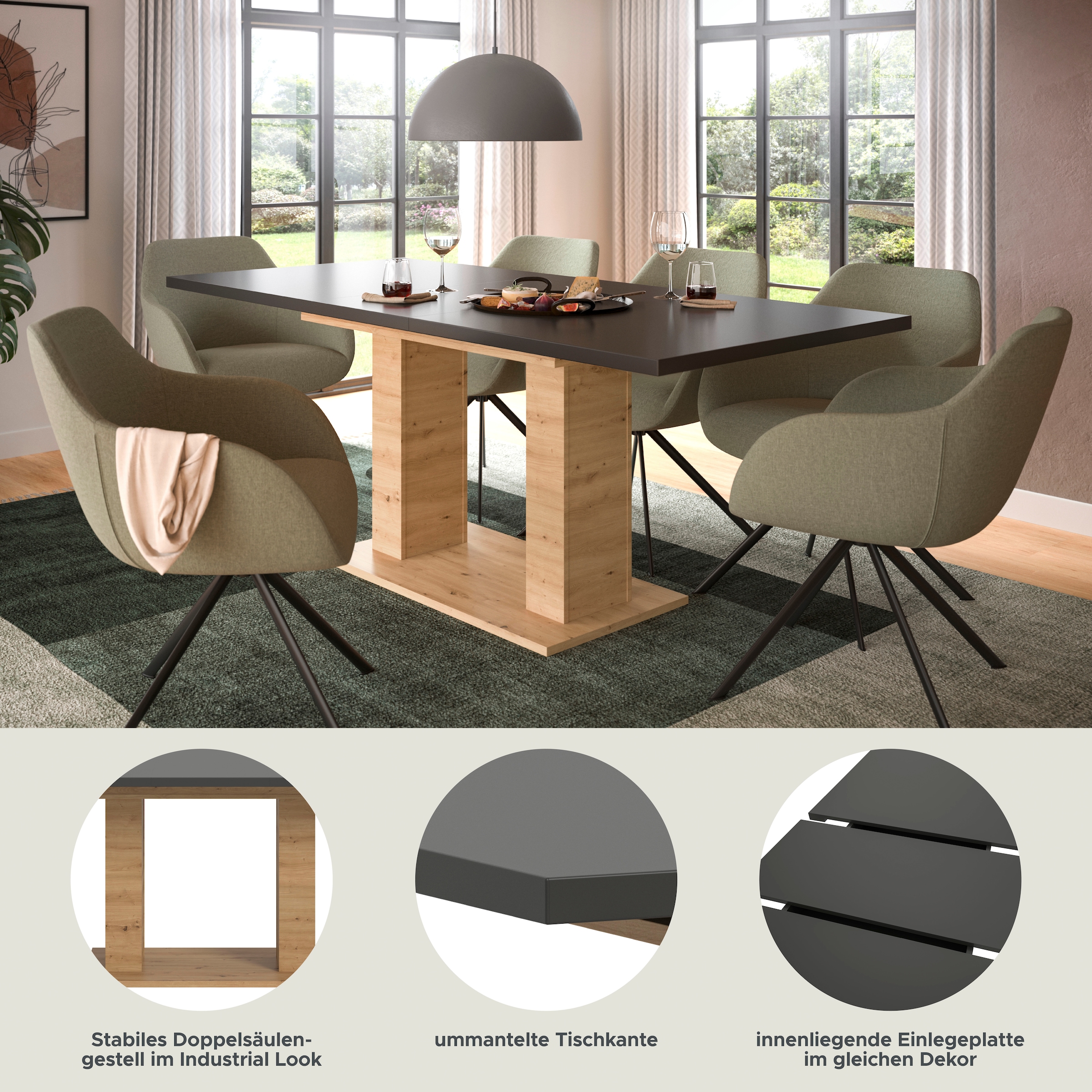 Home affaire Esstisch »Motus, ausziehbar 150 -190 cm, inklusive 40 cm Einlegeplatte« Set, 1 Stk. tlg. Doppelsäulengestell mit Bodenplatte, Tisch, Esstisch, Küche