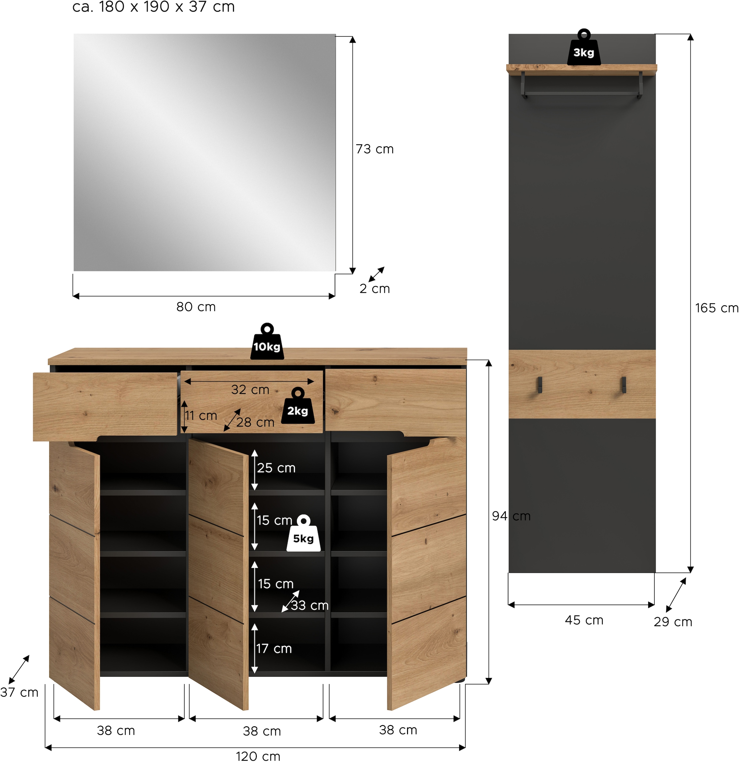 Home affaire Garderoben-Set »REHAT, TOPSELLER!, 3-teilig, Breite 180 cm, individuell erweiterbar« Set, bestehend aus: Kommode, Spiegel und Garderobenpaneel, 3 Stk. tlg.