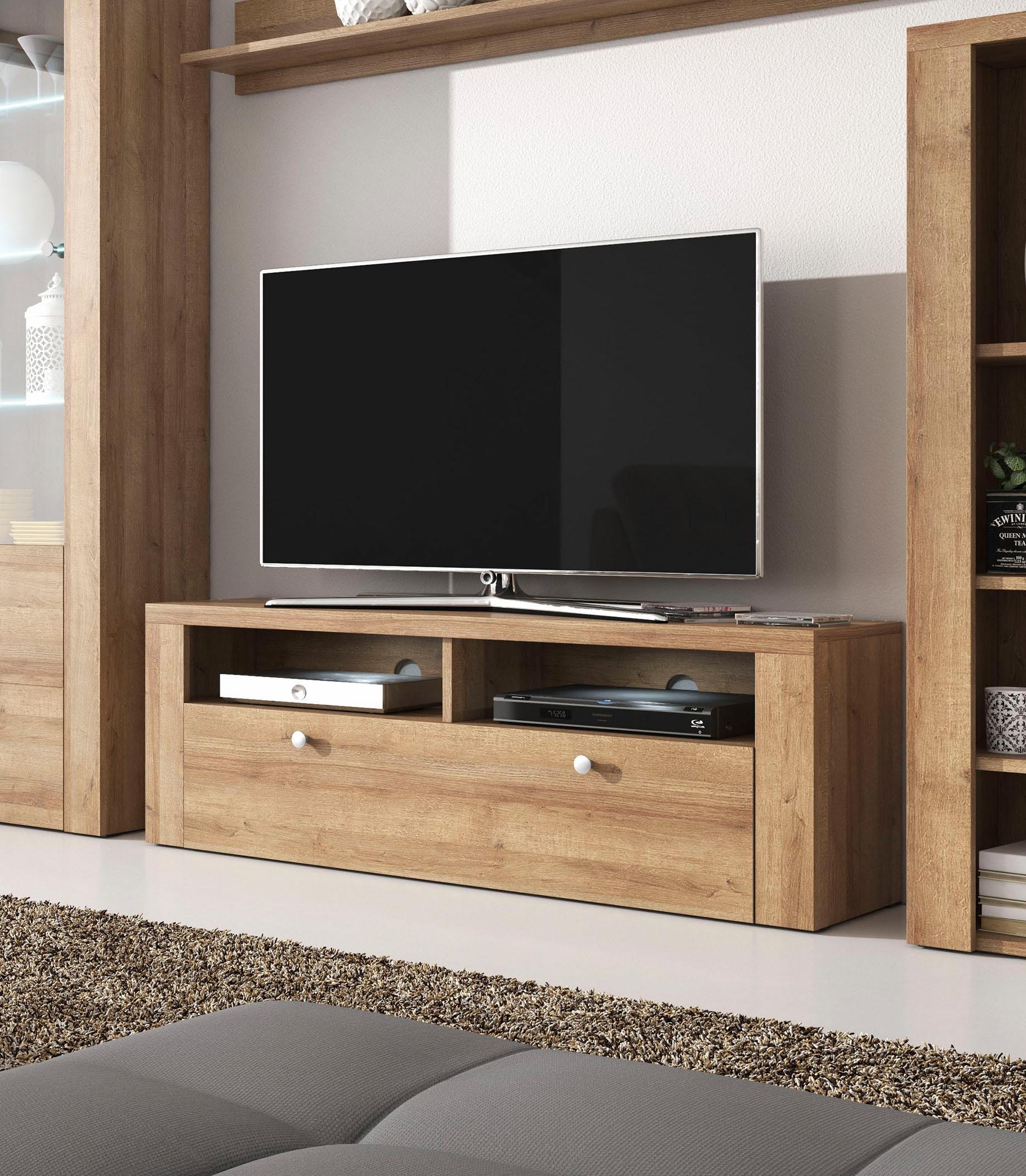 GOODproduct Table basse »Larona, zeitloses TV Board mit 1 Klappe und 2 offenen Fächern« Largeur 140 cm, banc TV, beaucoup de rangement, look cadre décoratif