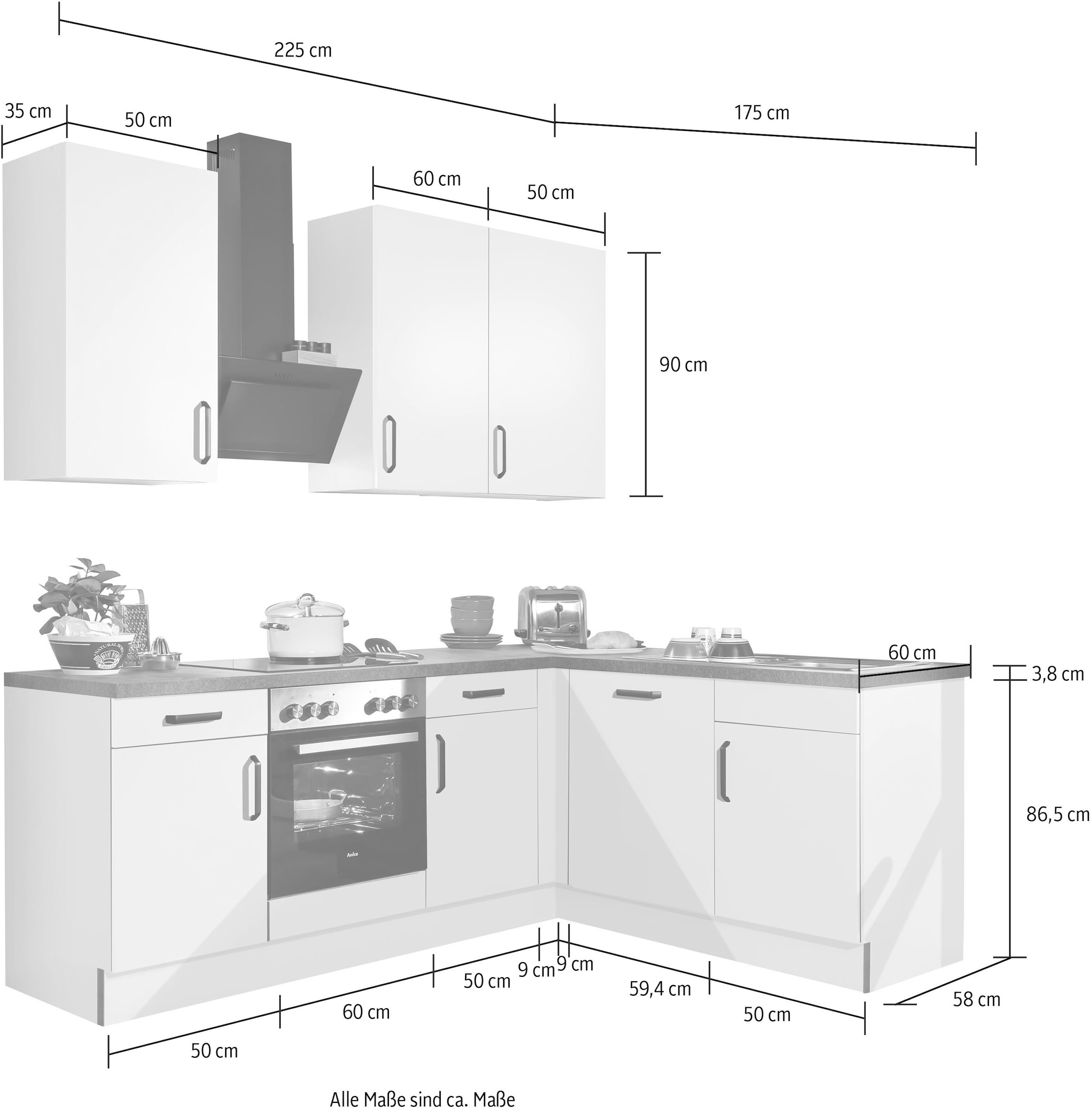 wiho Küchen Winkelküche »"Simi", mit verstellbaren Füssen, wahlweise mit E-Geräten,« Soft-Close-Funktion in Schubkästen & Auszügen,  Stellbreite 225/175 cm