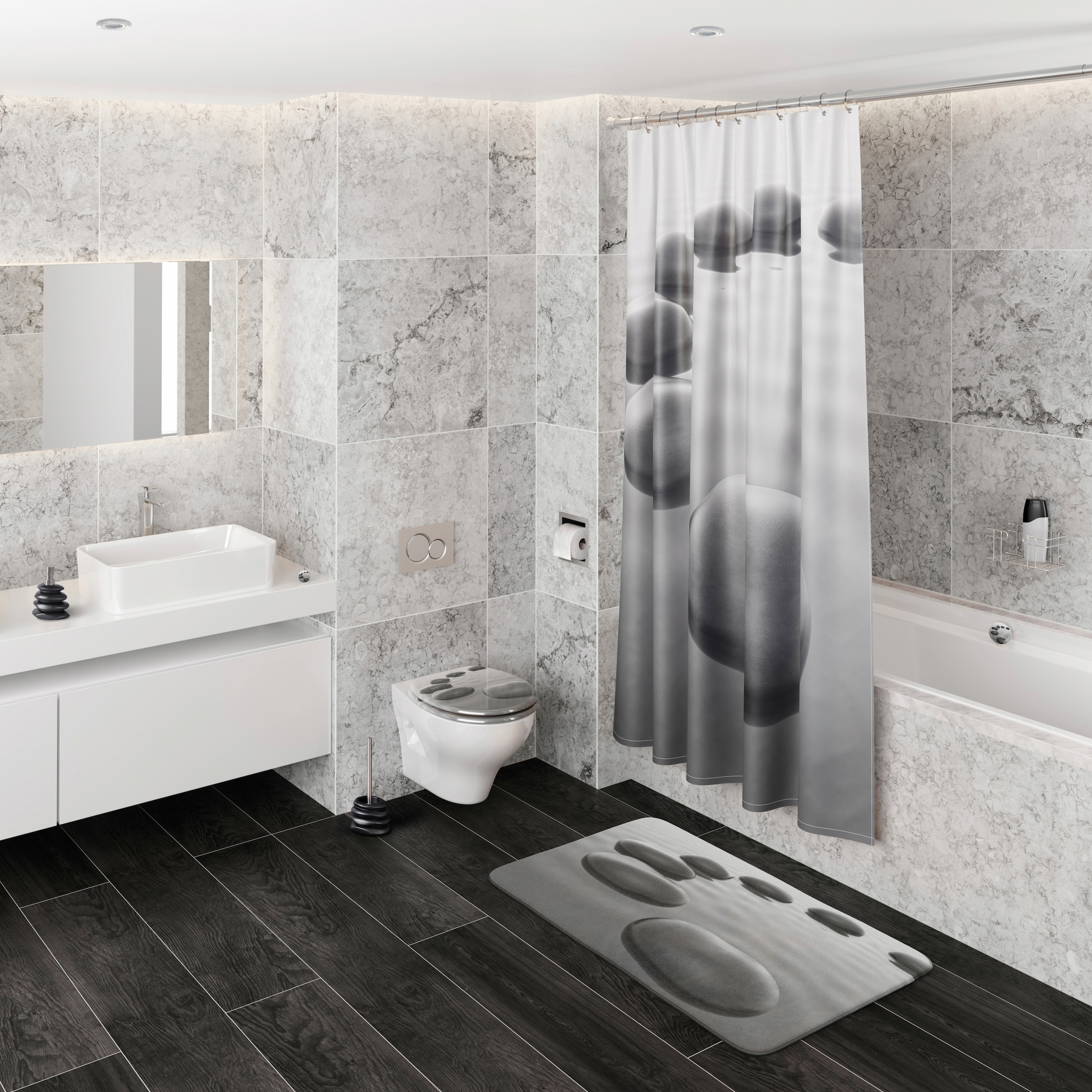 Sanilo Badaccessoire-Set »Black Stones« bestehend aus WC-Sitz, Badteppich, Stöpsel, Seifenspender, WC-Bürste