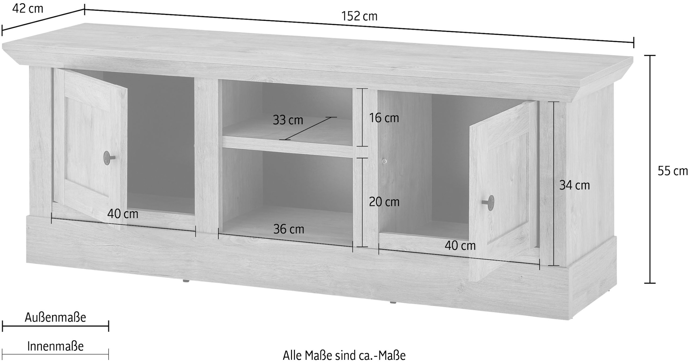 Home affaire Table basse »Cornwall, Unterschrank im Landhausstil, Kommode, Eiche Dekor« 1 cuis tlg. verschnörkelte Metallgriffe, offene Fächer und Türen, 152 cm breit