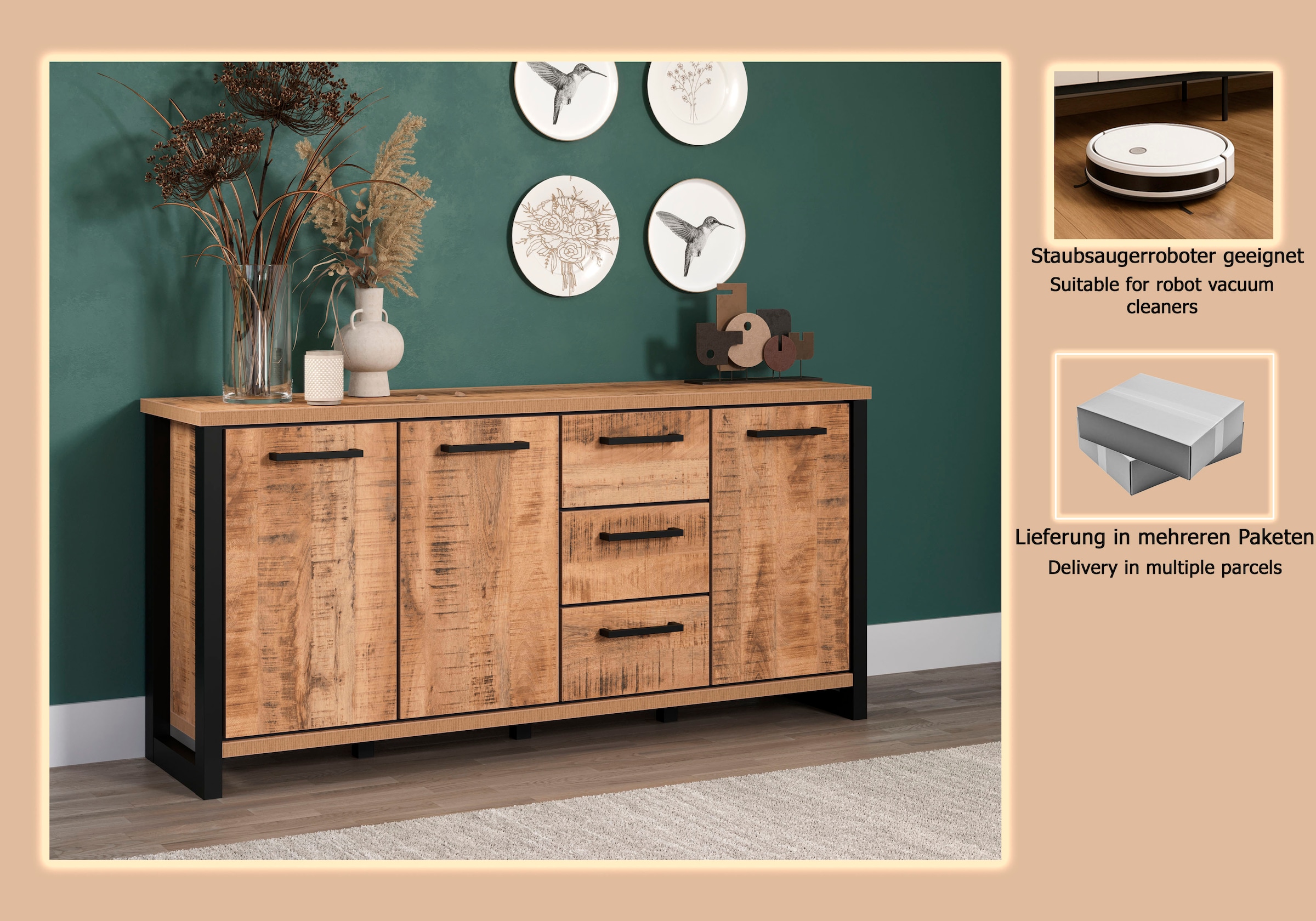 Home affaire Sideboard »Elda« 1 cuis tlg. Sideboard mit 3 Türen & 3 Vollauszug Schubladen – (B/T/H) 180/45/86 cm
