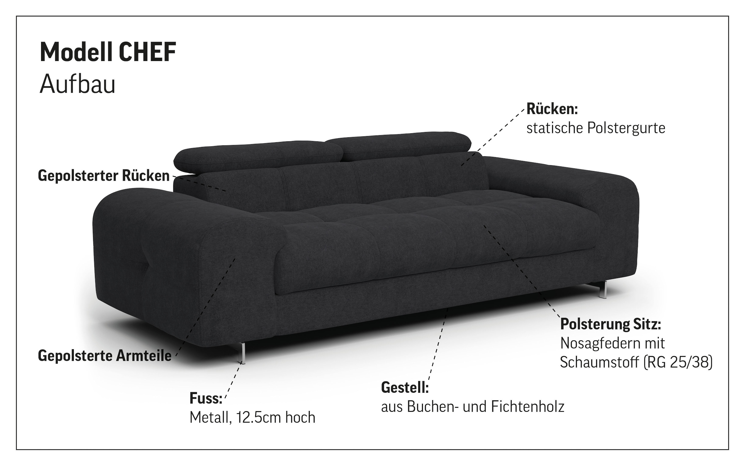 COTTA 3-places »Chef« Big-Sofa mit Kopfteilverstellung, edle Metallkufen