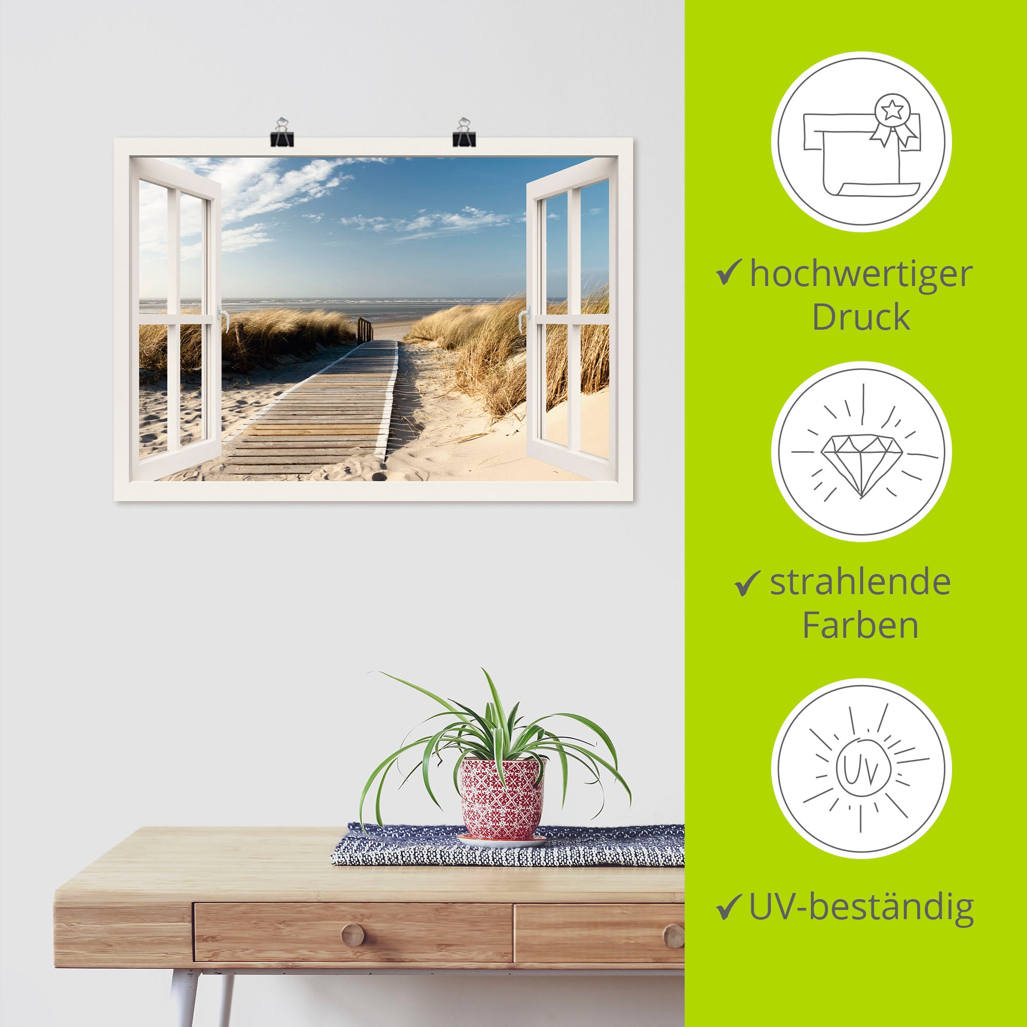 Artland Fresque murale »Fensterblick Nordseestrand auf Langeoog« 1 cuis tlg. als Leinwandbild, Poster, Wandaufkleber in verschied. Grössen