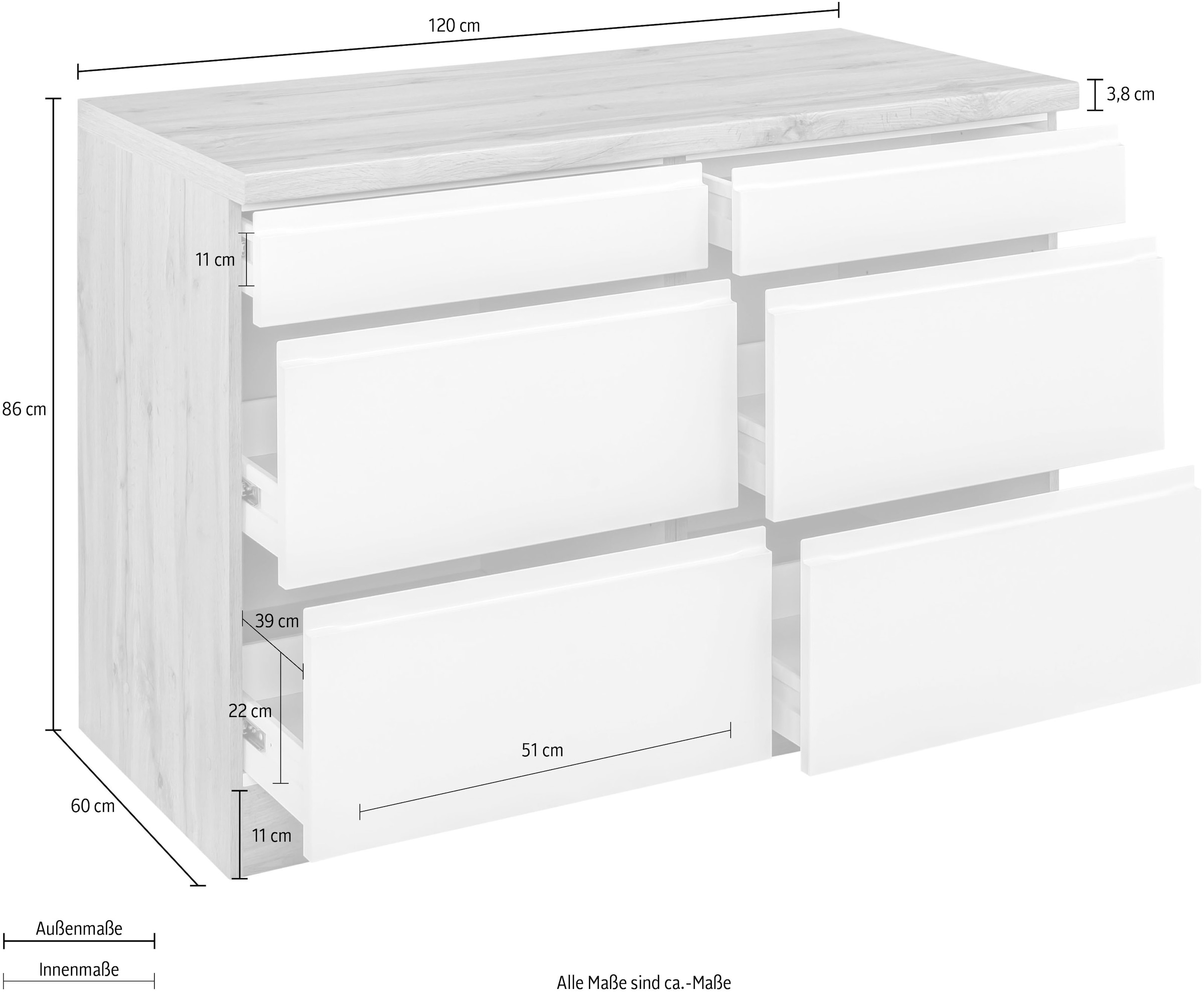 KOCHSTATION Unterschrank »KS-Bruneck« >>Bruneck<< 120 cm breit, für viel Stauraum, hochwertige MDF-Fronten