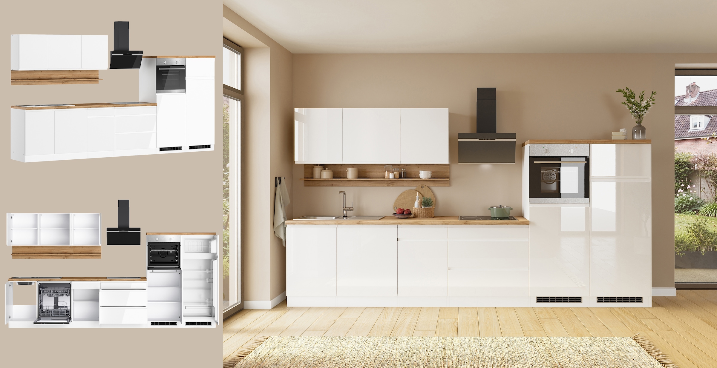 KOCHSTATION Kitchenette »KS-Virginia,neu in verbesserter Ausführung« plan de travail épaisseur 38 mm, rangement, fermeture douce,  largeur 360 cm, softclose, au choix avec appareils électriques et induction