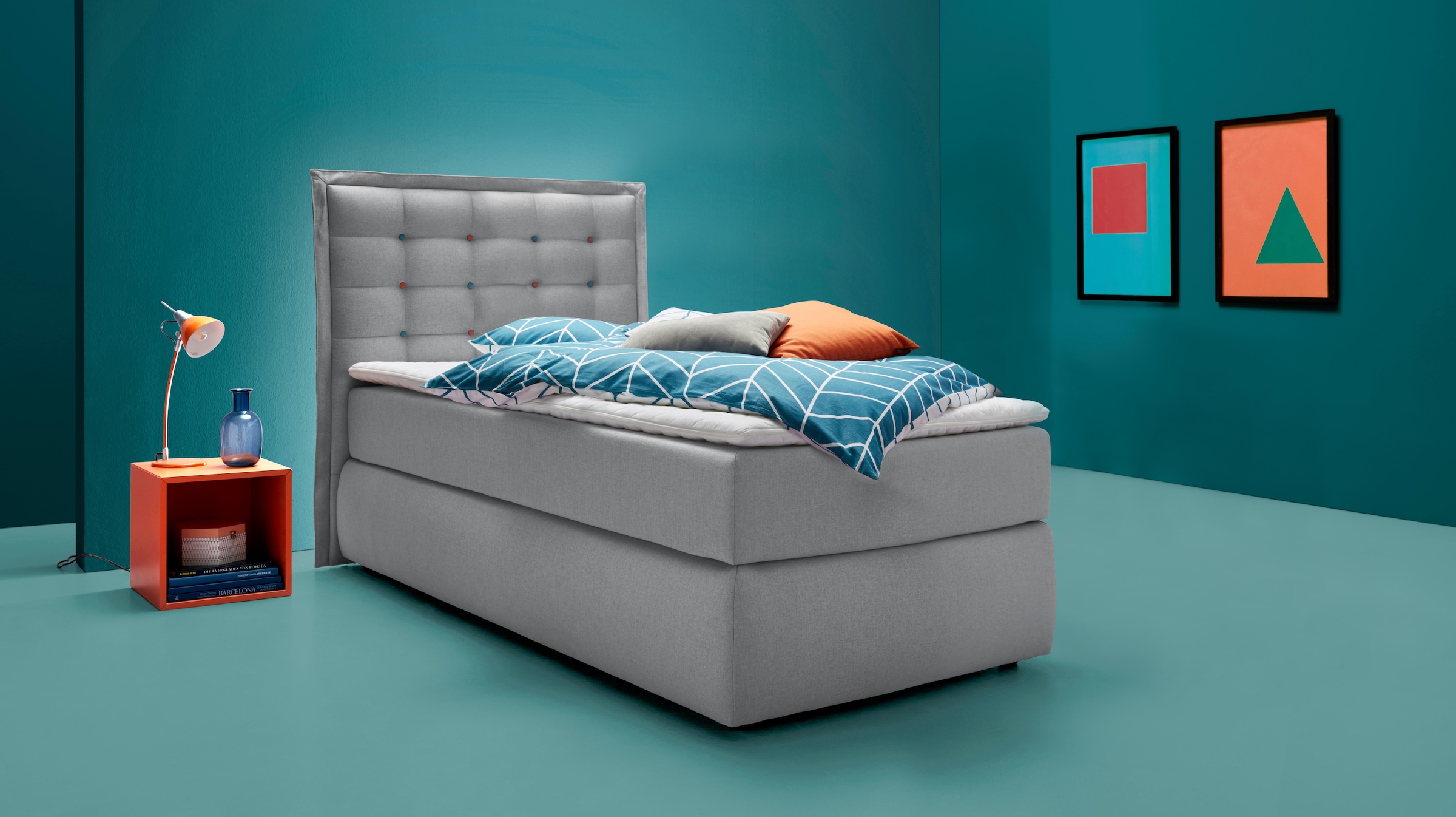 INOSIGN Boxspringbett »Sagres« Kopfteil mit 2farbiger Flatterbiese und zweifarbigen Knöpfen