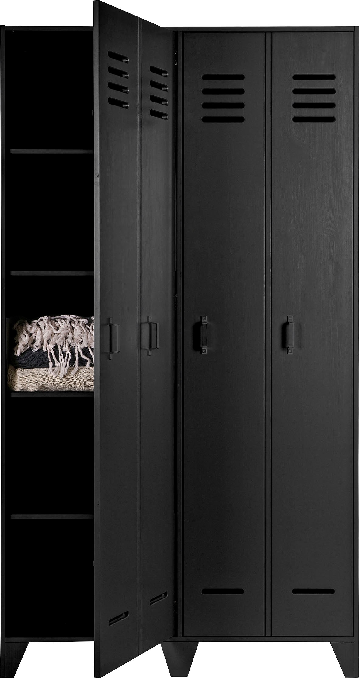 WOOOD Armoire vestiaire »Stijn FSC®-Kiefernholz mit 4-Türer-Illusion, H 187 x B 103 x T 40 cm« deux portes style casier, laqué protecteur, capacité 10 kg par étagère
