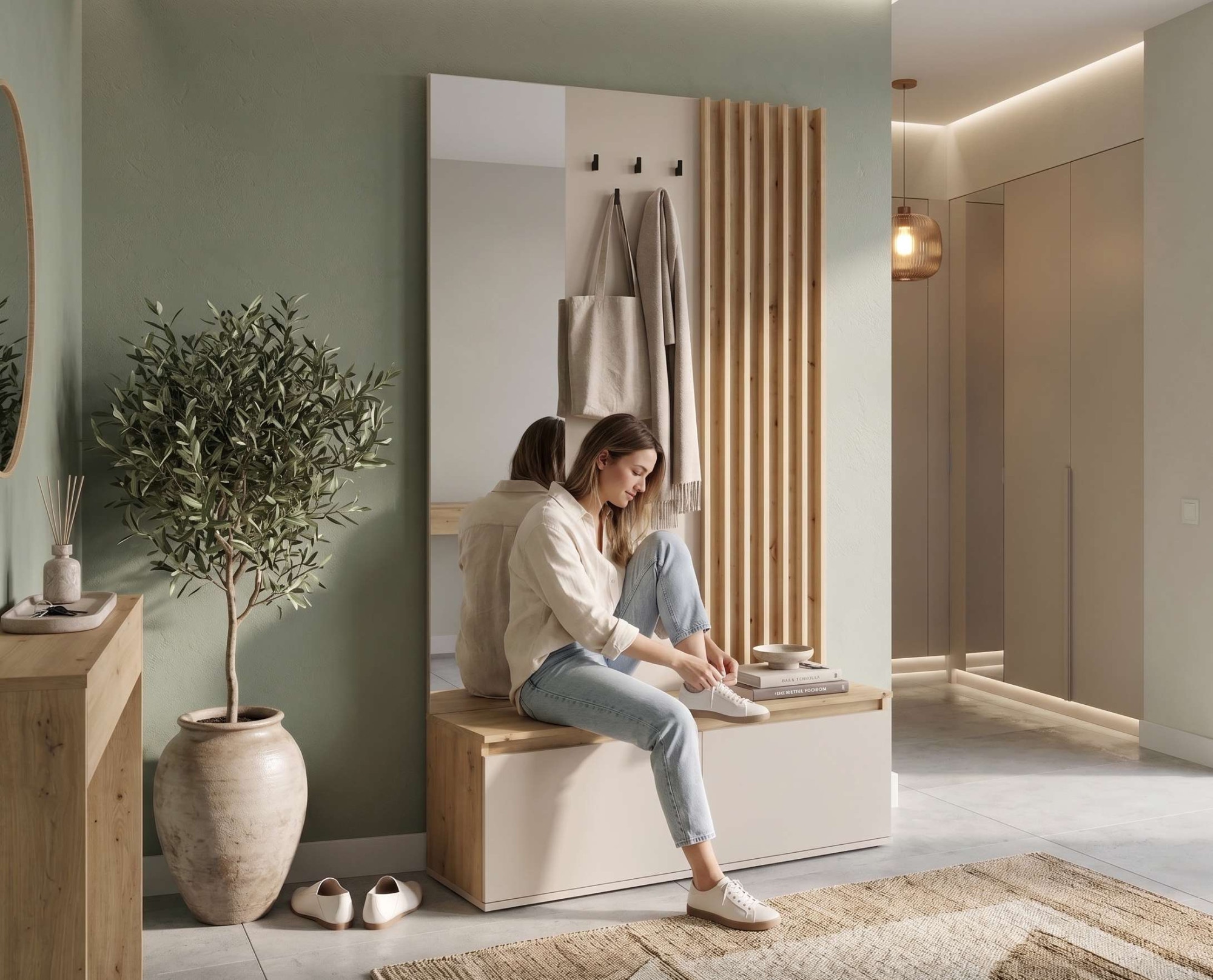 Home affaire Panneau de vestiaire »LANDUVA Garderobe mit Schuhschrank, Spiegel und Haken, Breite 120 cm« Ensemble de vestiaire, vestiaire compact, avec banc, design à lamelles