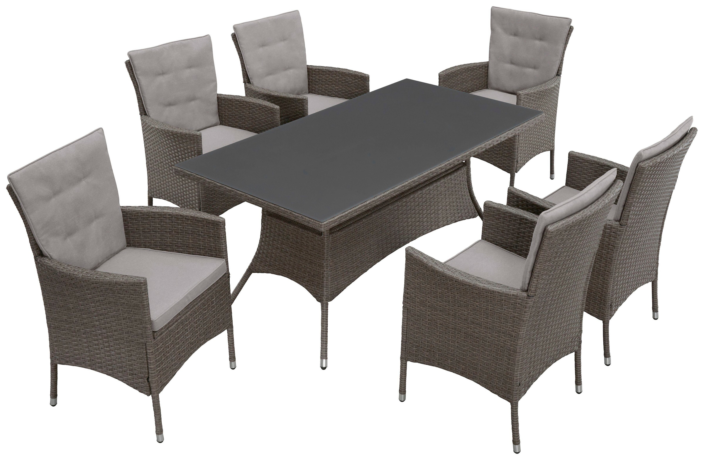 KONIFERA Garten-Essgruppe »Mailand« Set, 6x Sessel, 6x Sitzauflagen, 6x Rückenauflagen, 1x Tisch, 19 Stk. tlg. Tischplatte aus Sicherheitsglas, Staufläche unter dem Tisch