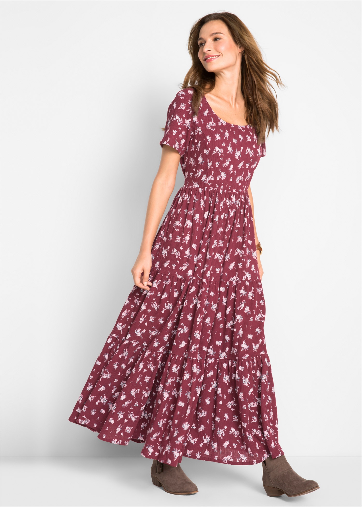 bonprix Maxikleid aus reiner Baumwolle, Loose Fit, Kurzarm-Design, mit Allover-Muster