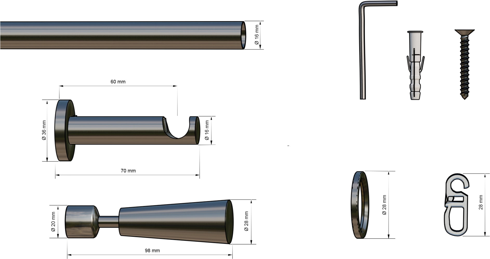 indeko Gardinenstange »Genf« Ø 16 mm 1 läufig-läufig Fixmass Komplett-Set inkl. Ringen und Montagematerial