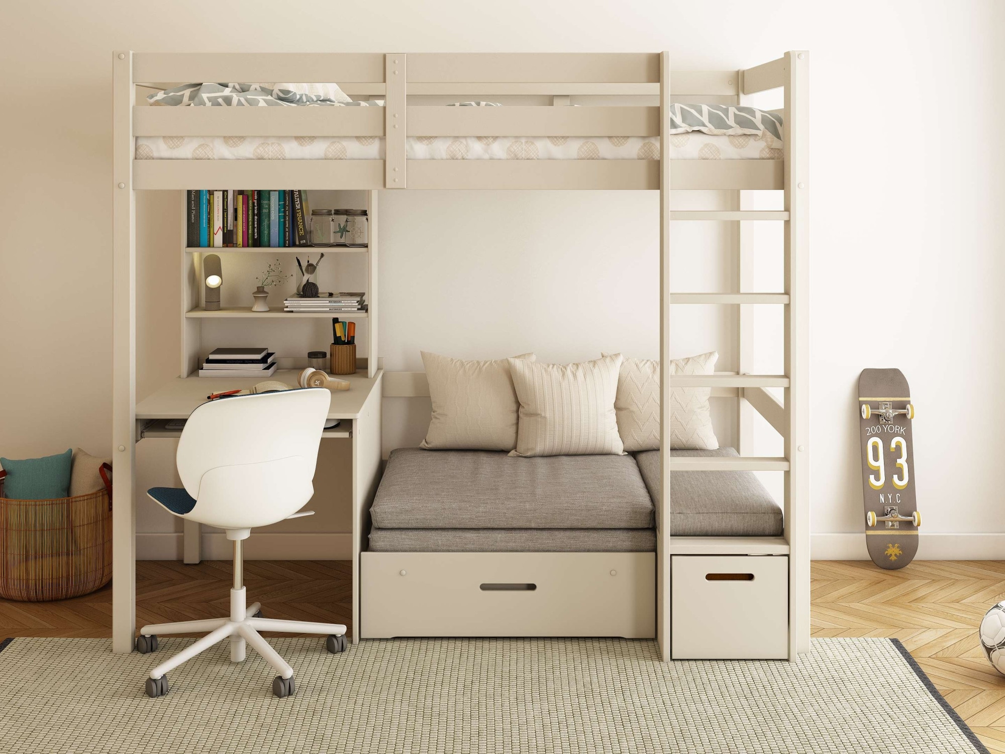 GOODproduct Etagenbett »HENNE' TOPSELLER! Hochbett, Ideal für kleine Räume, 2 Schlafplätze« zweiter Schlafplatz ausziehbar, B/H/T ca. 208/180/105cm,  mit Polsterauflagen, Schreibtisch, Stauraum, seitenverkehrt montierbar
