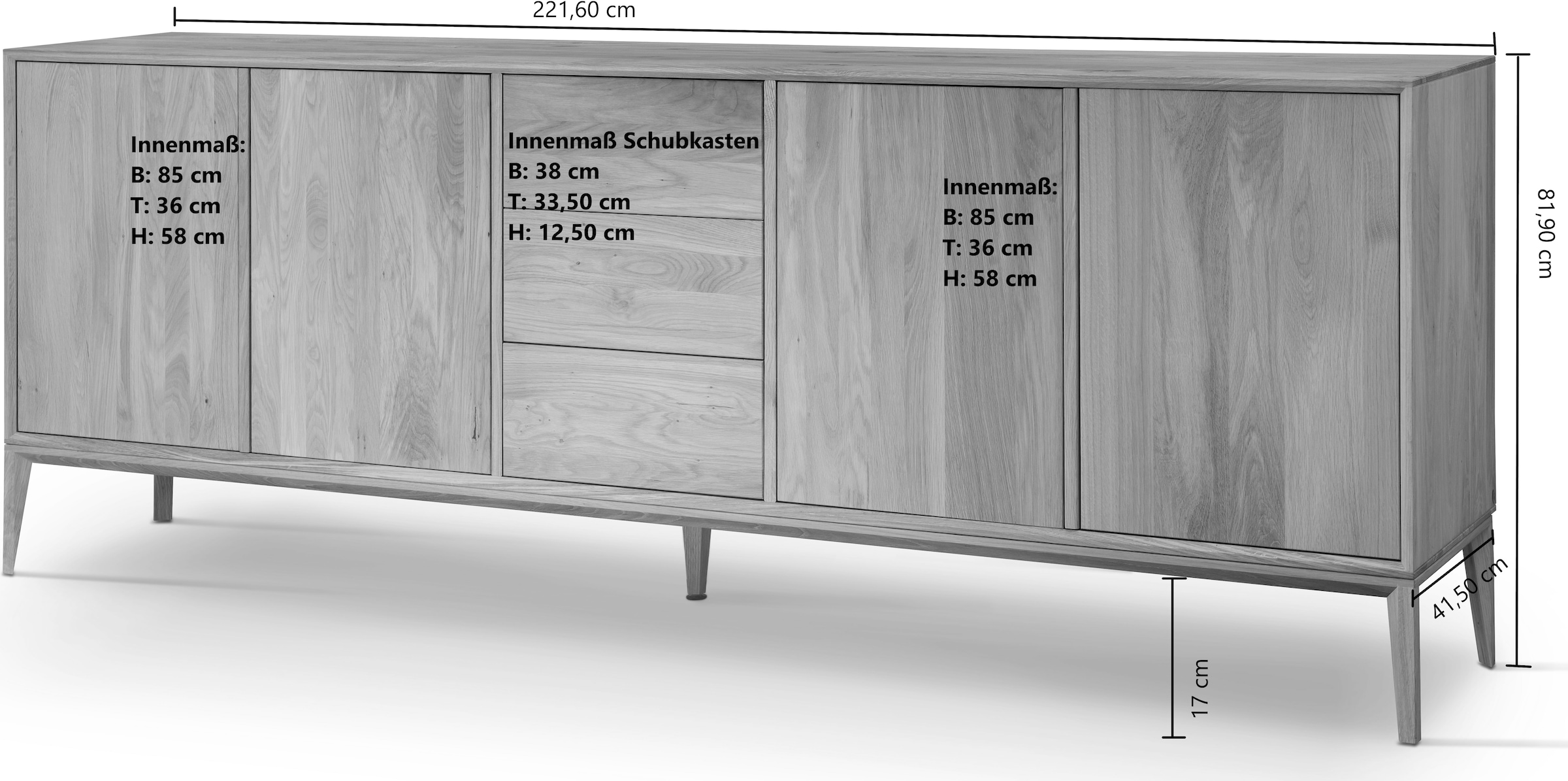 Home affaire Sideboard »Koda, Anrichte mit 2 Schränken & 3 Schubladen, Push-to-Open-Funktion« Massives Eichenholz, verstellbare Einlegeböden, Minimalistischer Stil