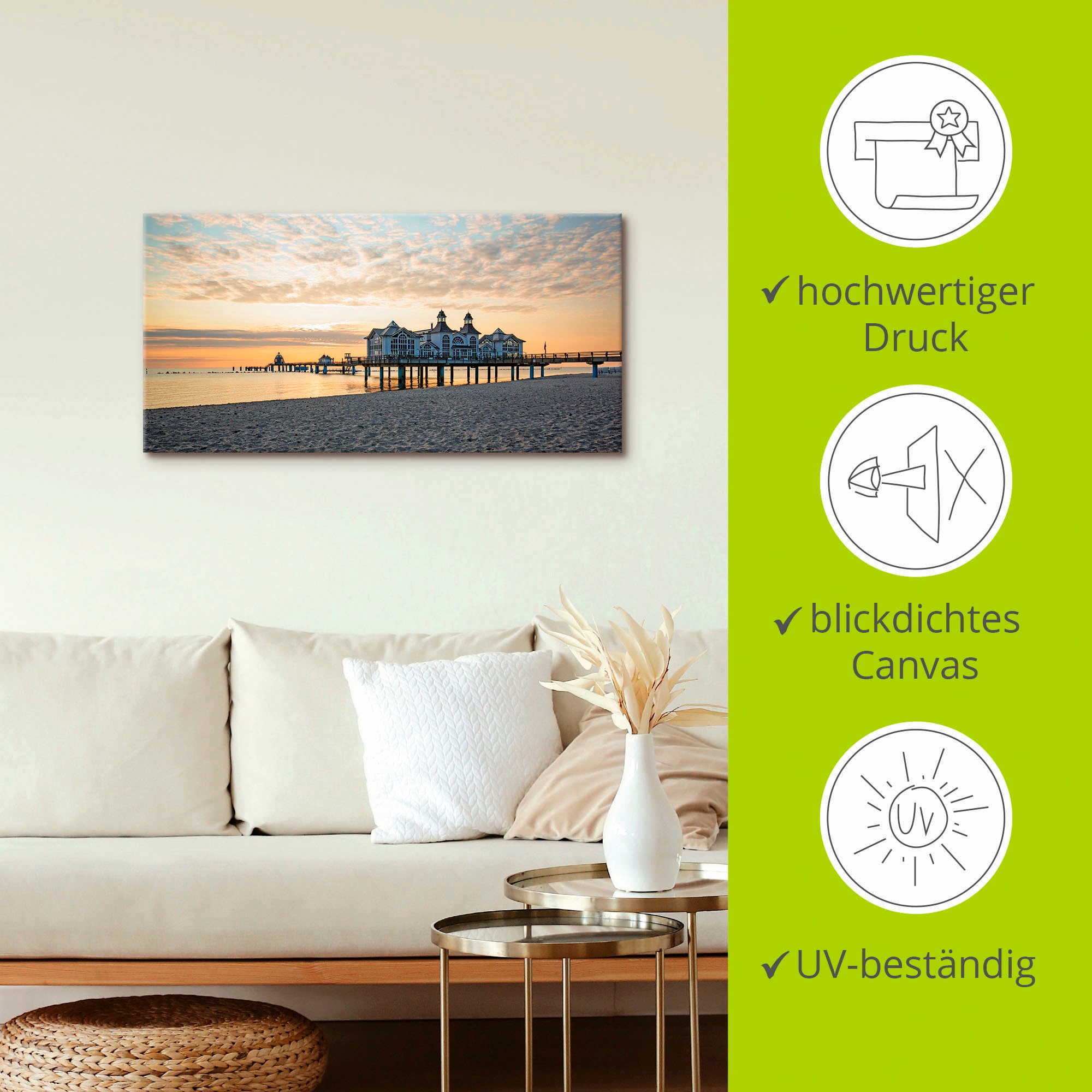 Artland Tableau sur toile »Seebrücke Sellin bei Sonnenaufgang« 1 cuis tlg. auf Holzrahmen gespannt