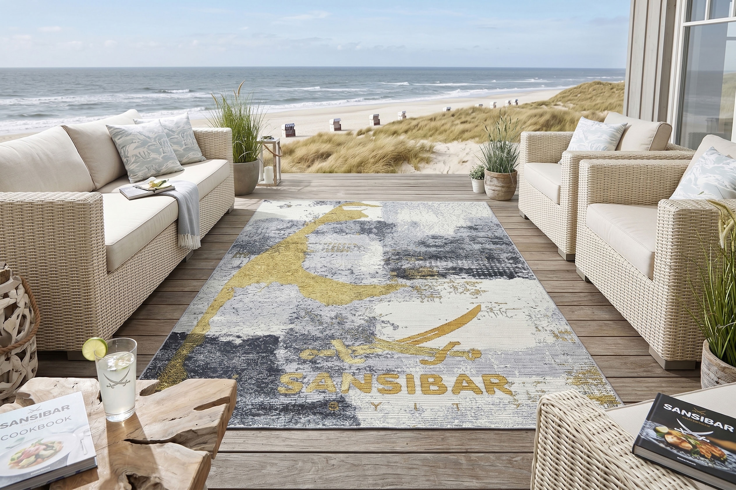 Sansibar Tapis »Rantum Beach SA-028« Rectangulaire 3 mm Höhe tissu plat, design moderne, motif Sylt, adapté intérieur et extérieur