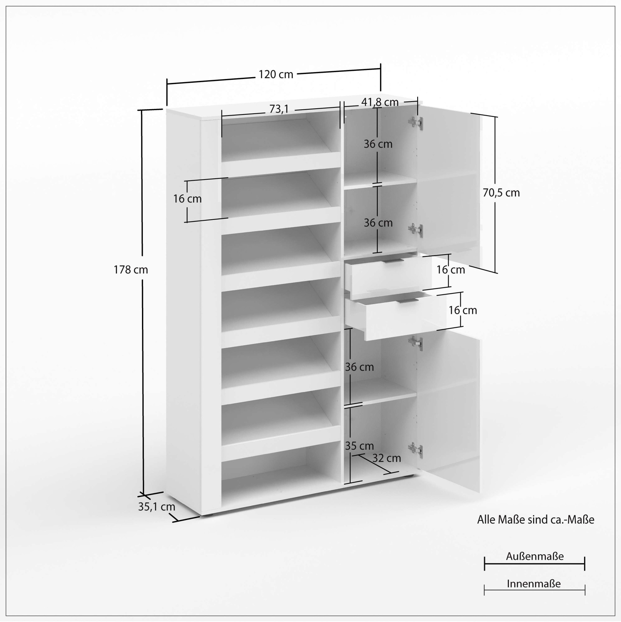 Home affaire Schuhschrank »BOOST, Schuhschrank,Schuhregal, Breite 120 cm, LED optional bestellbar« 1 Stk. tlg. Hochglanz lackiert mit 7 offenen Fächern, 2 Türen und 2 Schubkästen