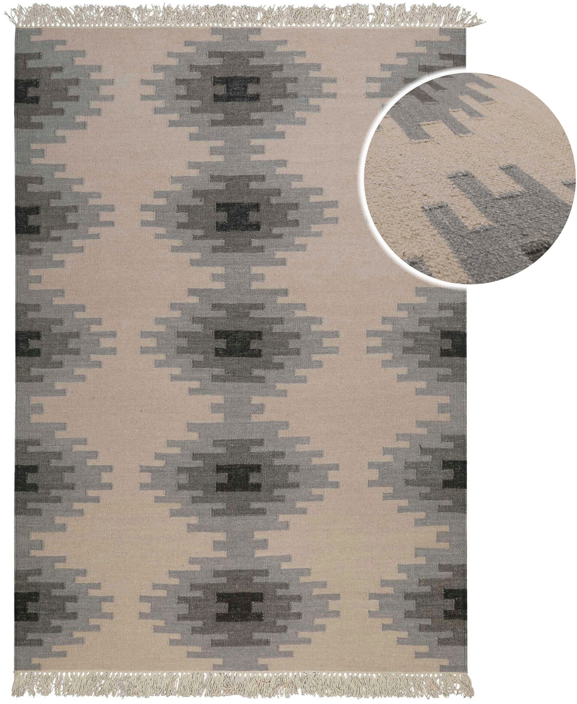 Green Looop Tapis en laine »Belle« Rectangulaire 5 mm Höhe Fransen, Kelim, handgewebt, Natur, Wohnzimmer, Schlafzimmer, Raute