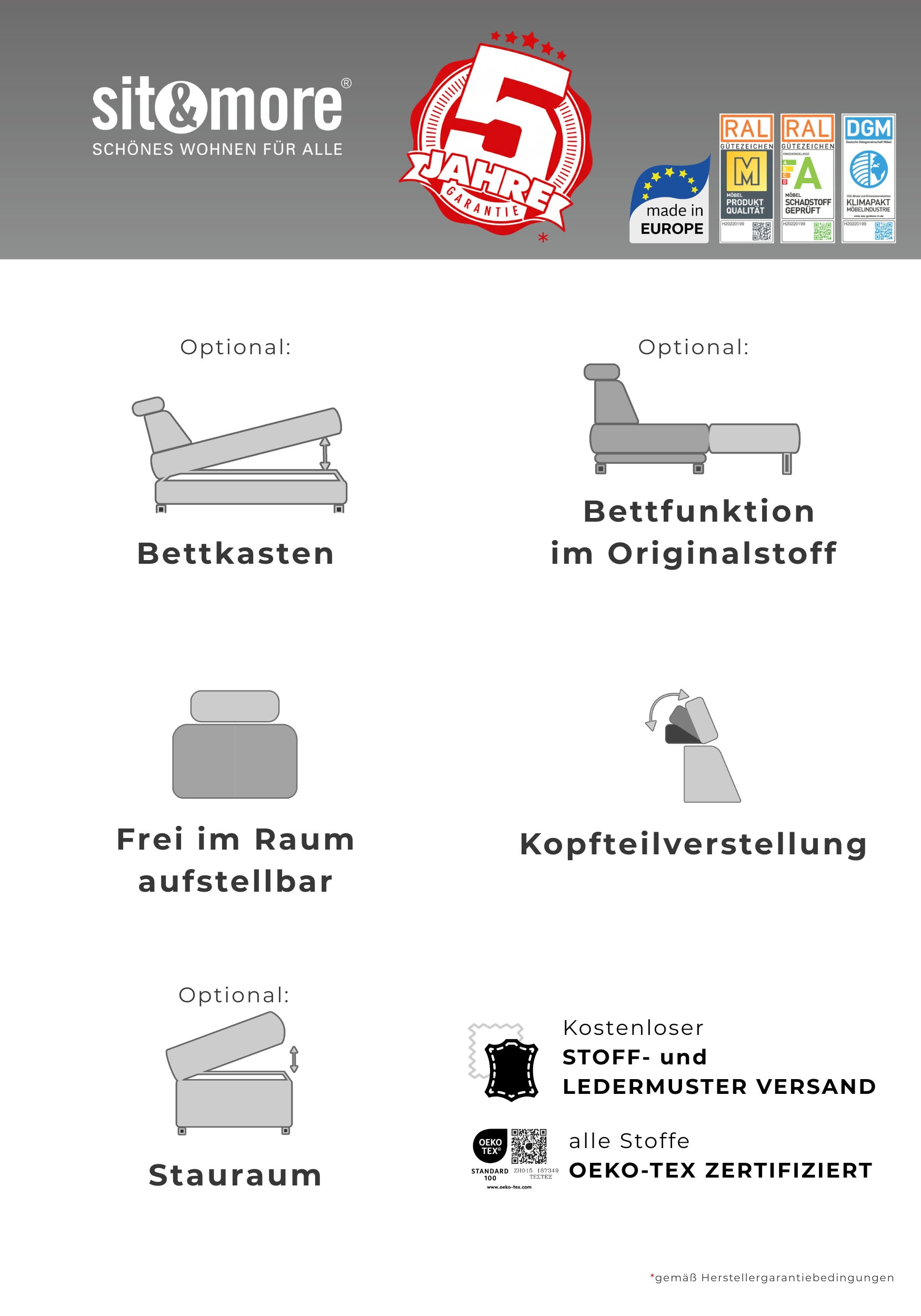 sit&more Canapé d'angle »Cabrio L-Form, B: 274 cm, mit Sitztiefen-, Arm- & Kopfteilverstellung« 3 coussins lombaires, ressorts ensachés, fonction lit et rangement optionnels
