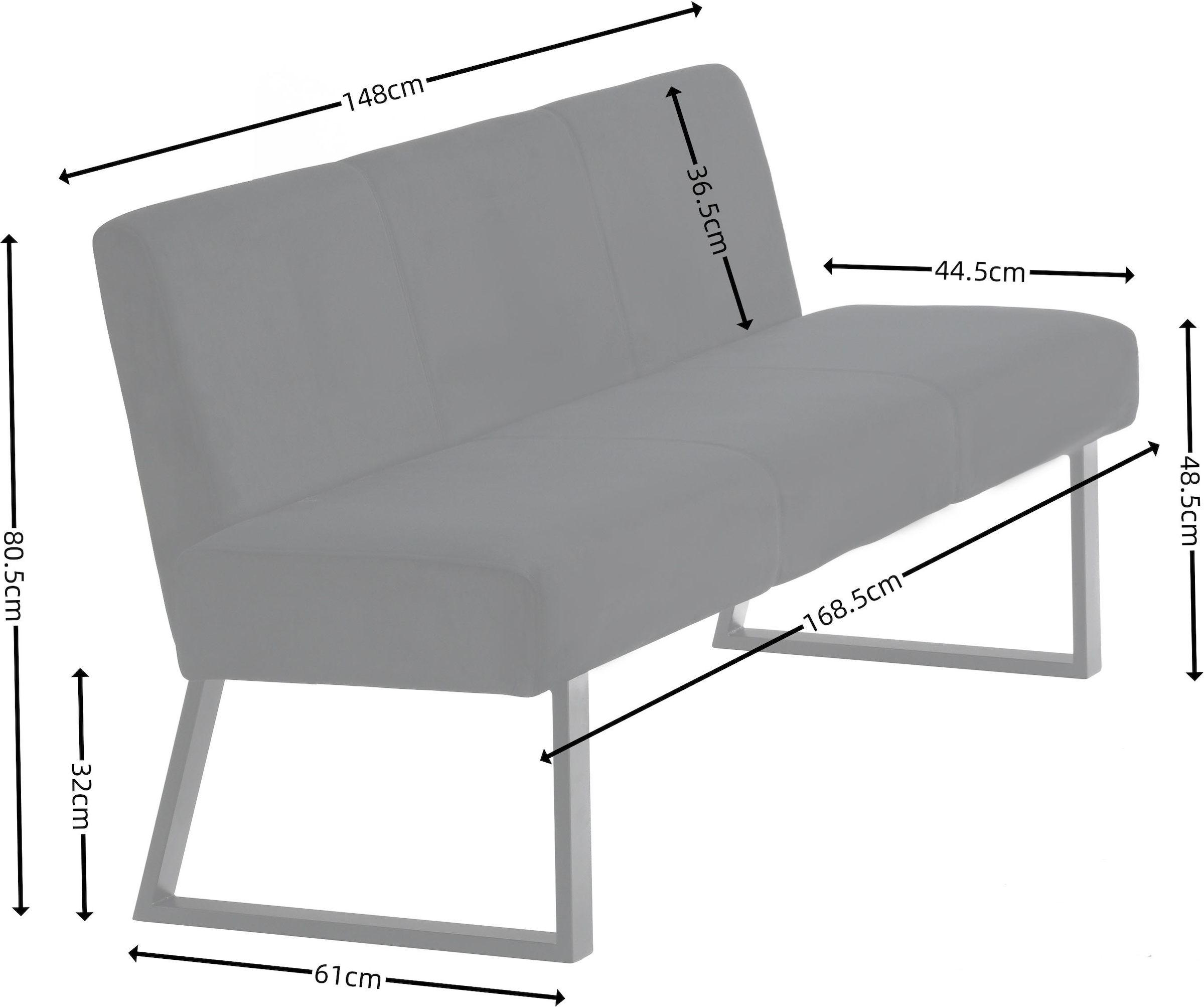 GOODproduct Banc rembourré »Gladio,« Banquette de salle à manger, banquette, banc,  avec ressorts ensachés, structure métal noir, largeur 148 cm
