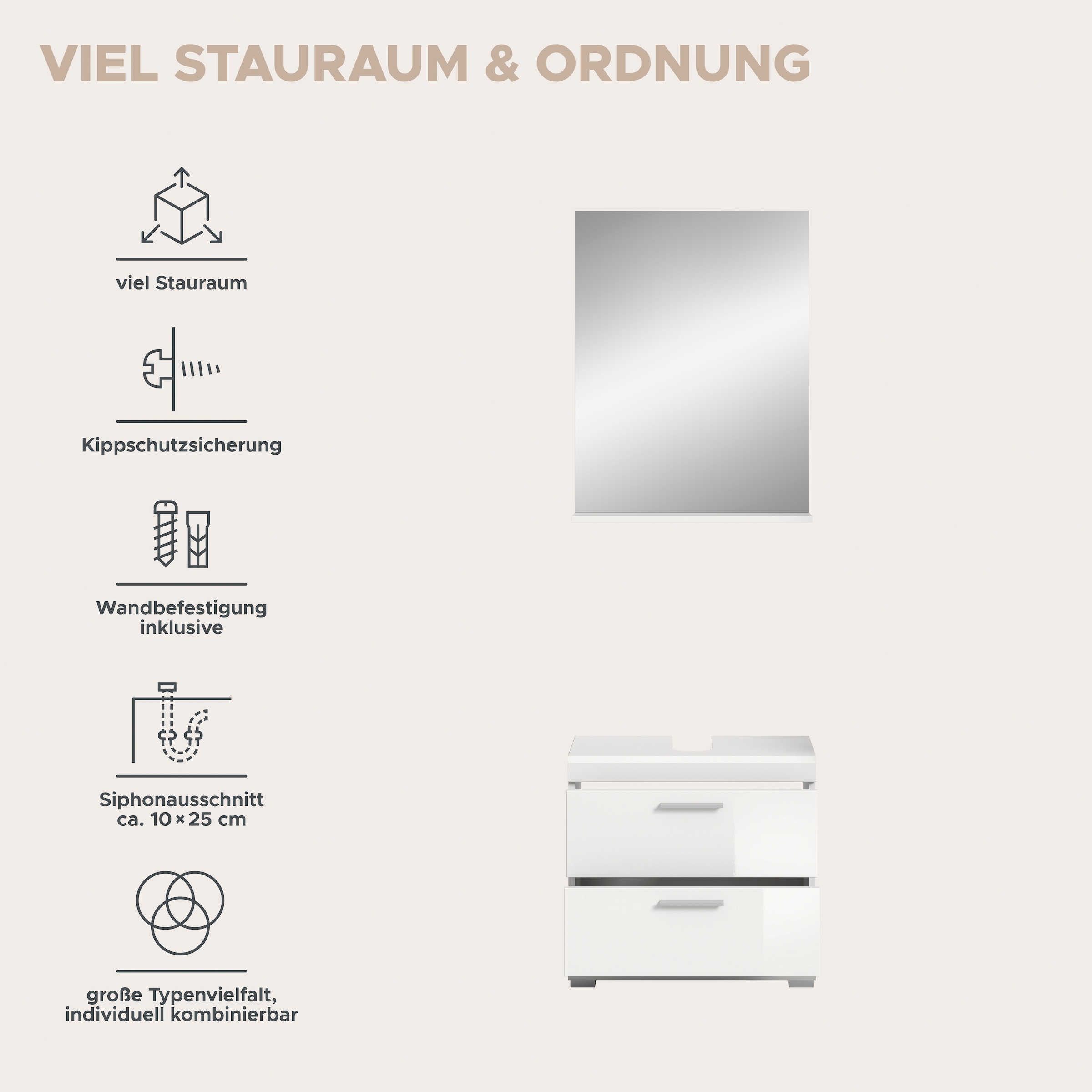 welltime Badmöbel-Set »Siena, 2 teilig, bestehend aus: Waschbeckenunterschrank, Spiegel« Set, TOPSELLER!, 2 Stk. tlg.