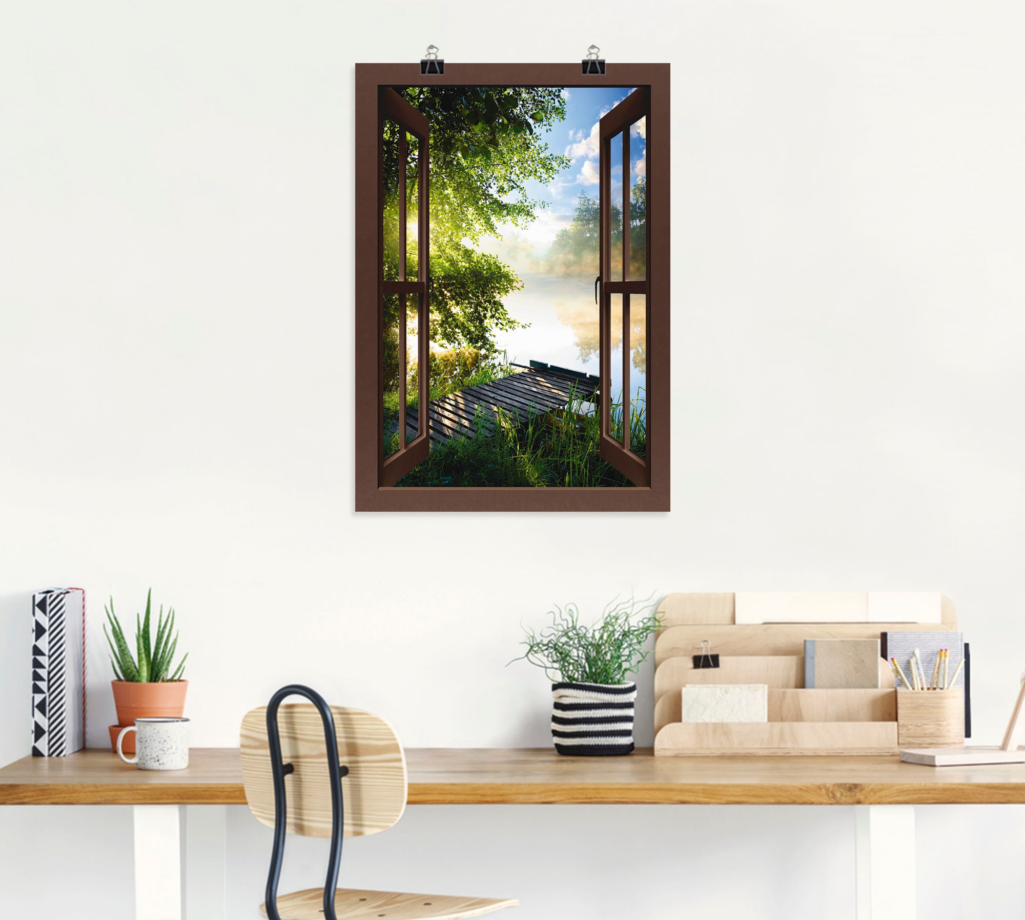 Artland Wandbild »Fensterblick Angelsteg am Fluss« Fensterblick 1 Stk. tlg. als Alubild, Leinwandbild, Poster in verschied. Grössen