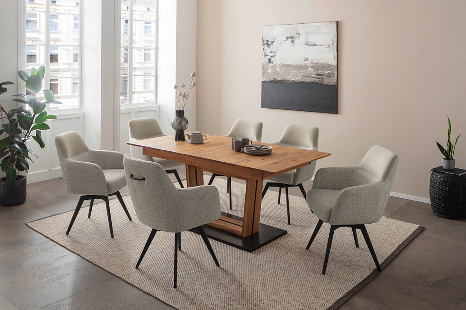 MCA furniture Table de salle à manger »Morena Säulentisch Komfort Tisch« Synchronauszug,ausziehbar,Wildeiche,massiv,geölt,XXL