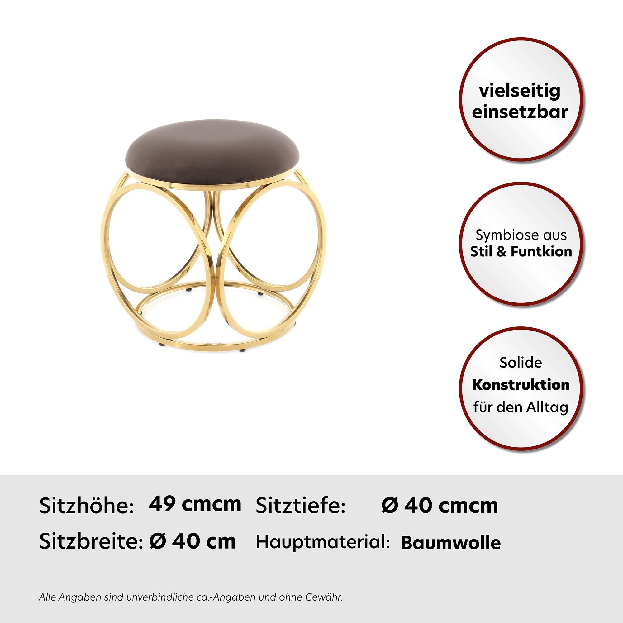 Kayoom Pouf »Hocker Whitney 325,Hocker mit offenem Design,  Gestell aus Metall« 1 cuis tlg. glamourös, hochwertig, pflegeleicht, rundes Sitzkissen