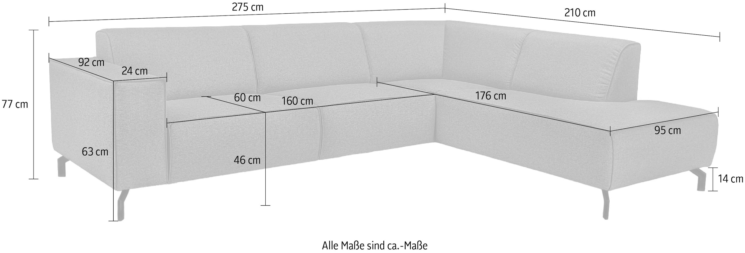 Home affaire Canapé d'angle »LORCAN mit Metallfüssen, Breite 275 cm, weiches Sitzgefühl« pieds métal, aspect cuir, structure, bouclé
