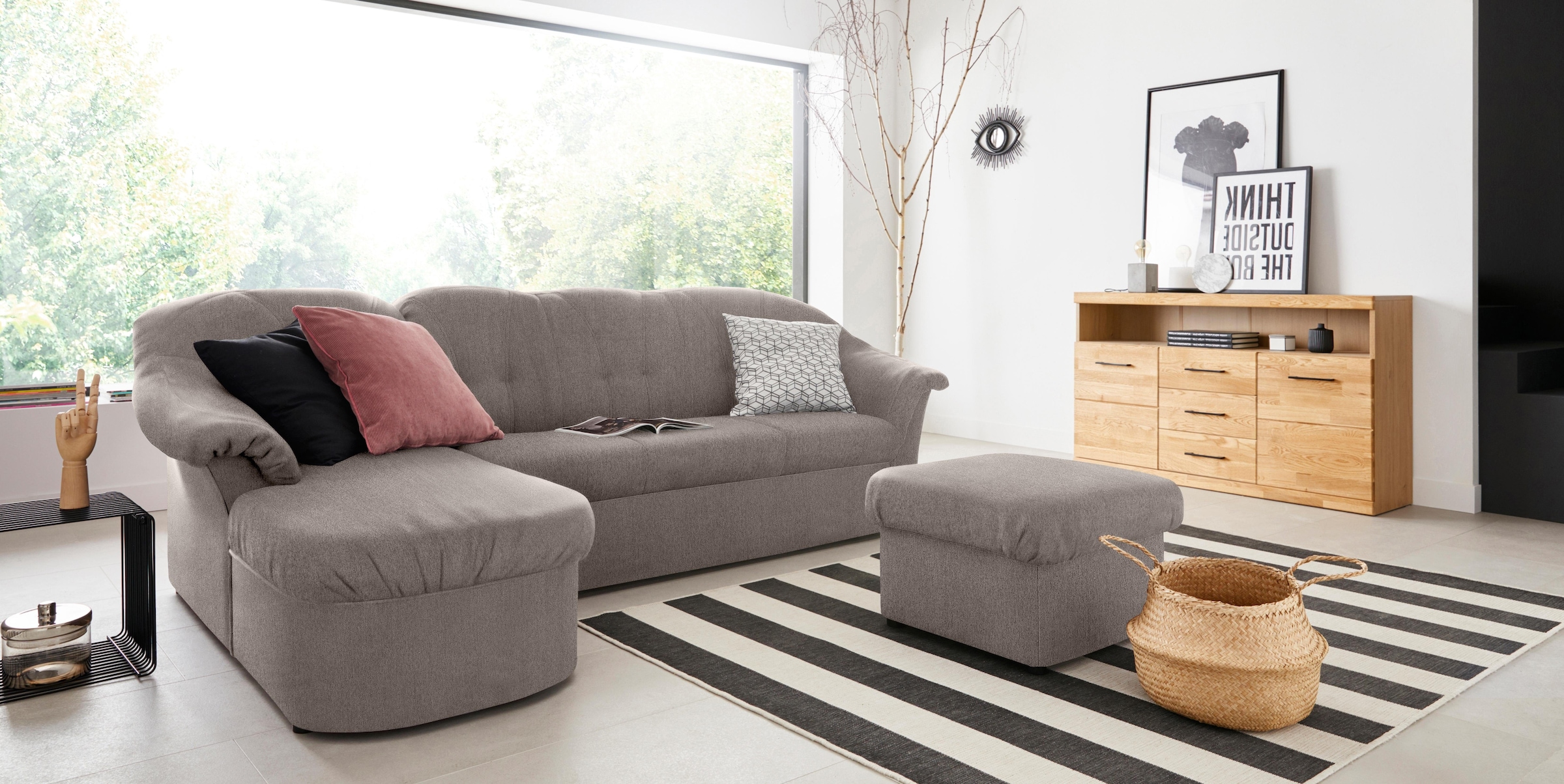 DOMO collection Canapé d'angle »Pegnitz, elegante Rückensteppung, kompakte Stellmasse 238/141cm, L-Form« wahlweise mit Bettfunktion
