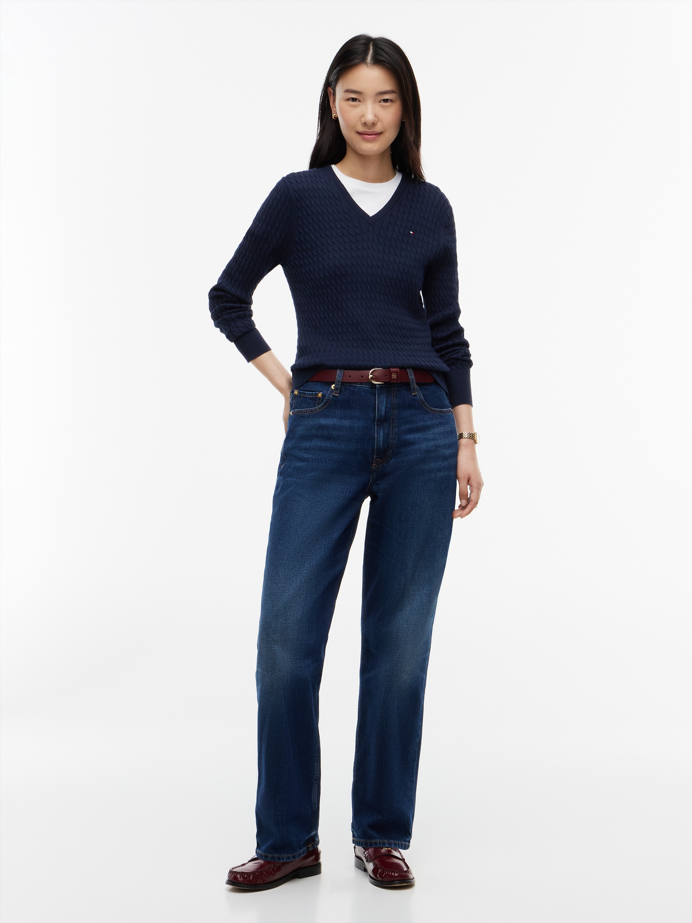 Tommy Hilfiger Pull en tricot »CO CABLE FINE GG V-NK LS SWT« coton, avec motif torsadé