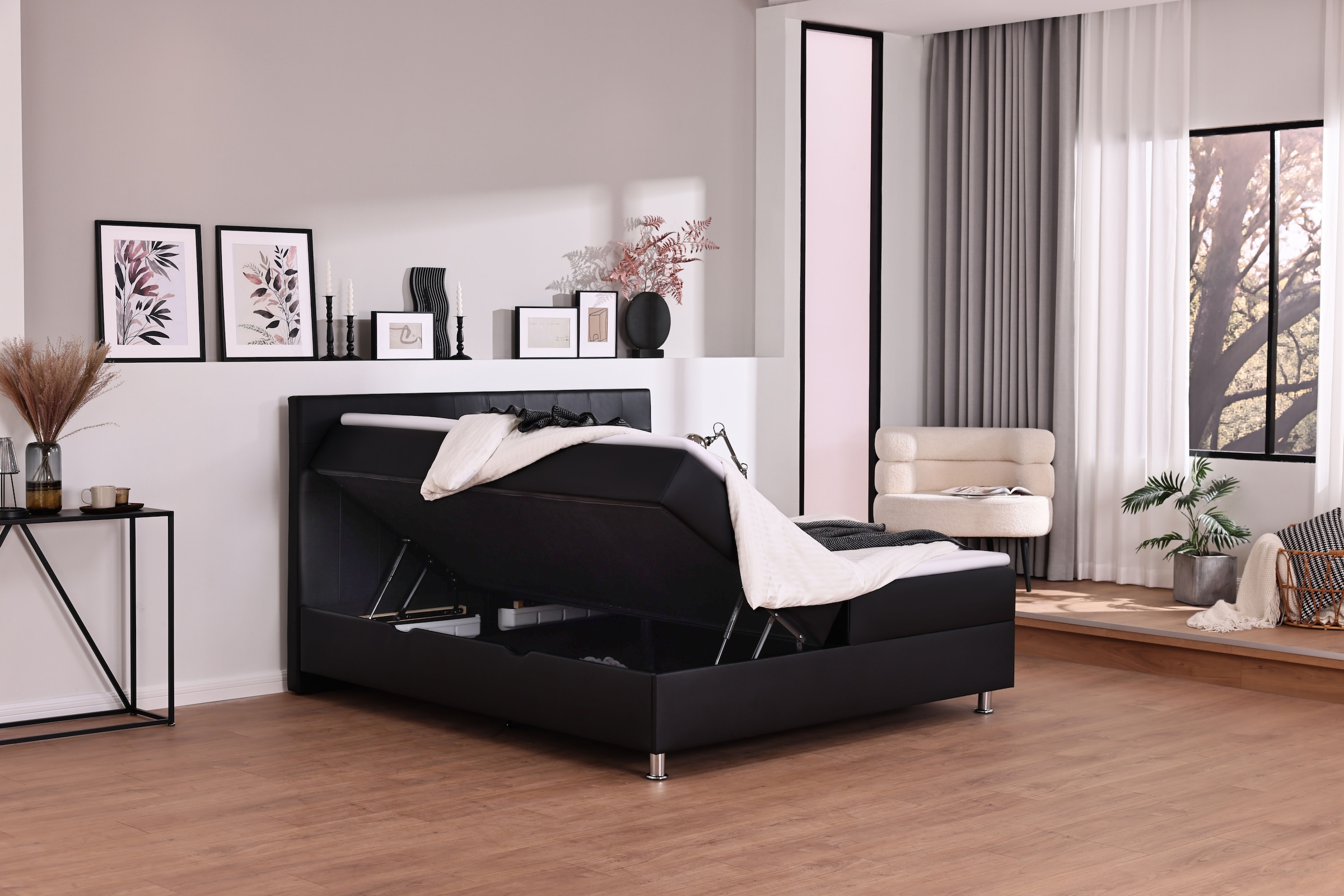 Home affaire Lit de boxe »Big Noux aus schwarzem Kunstleder mit Kristallsteinen im Kopfteil« inkl. Bettkasten, erhältlich in der Grösse 180x200cm