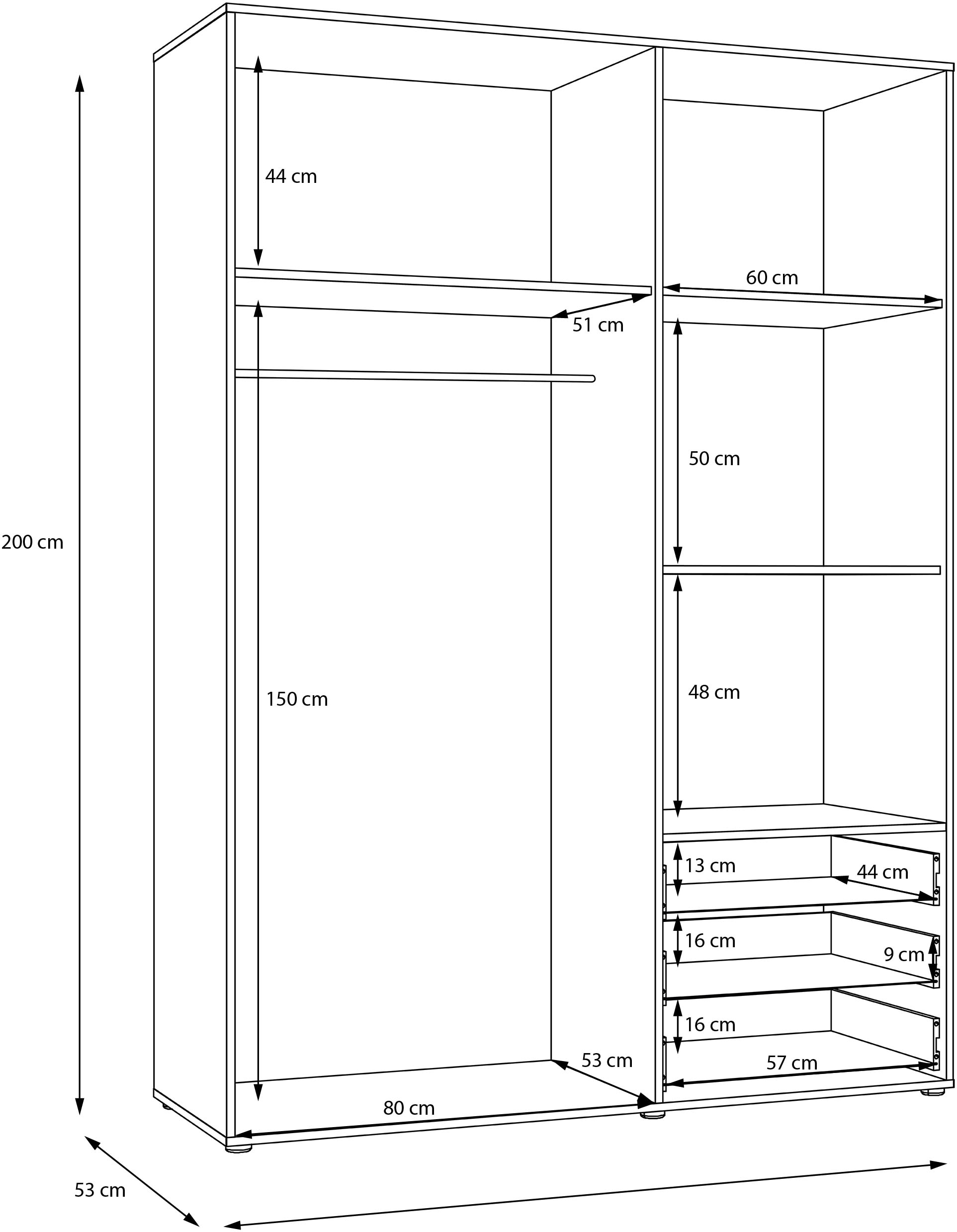 FORTE Armoire à portes battantes »Kleiderschrank,zeitloses Design,3 türig« beaucoup d'espace de rangement, tiroirs, poignées en barre, Made in Europe