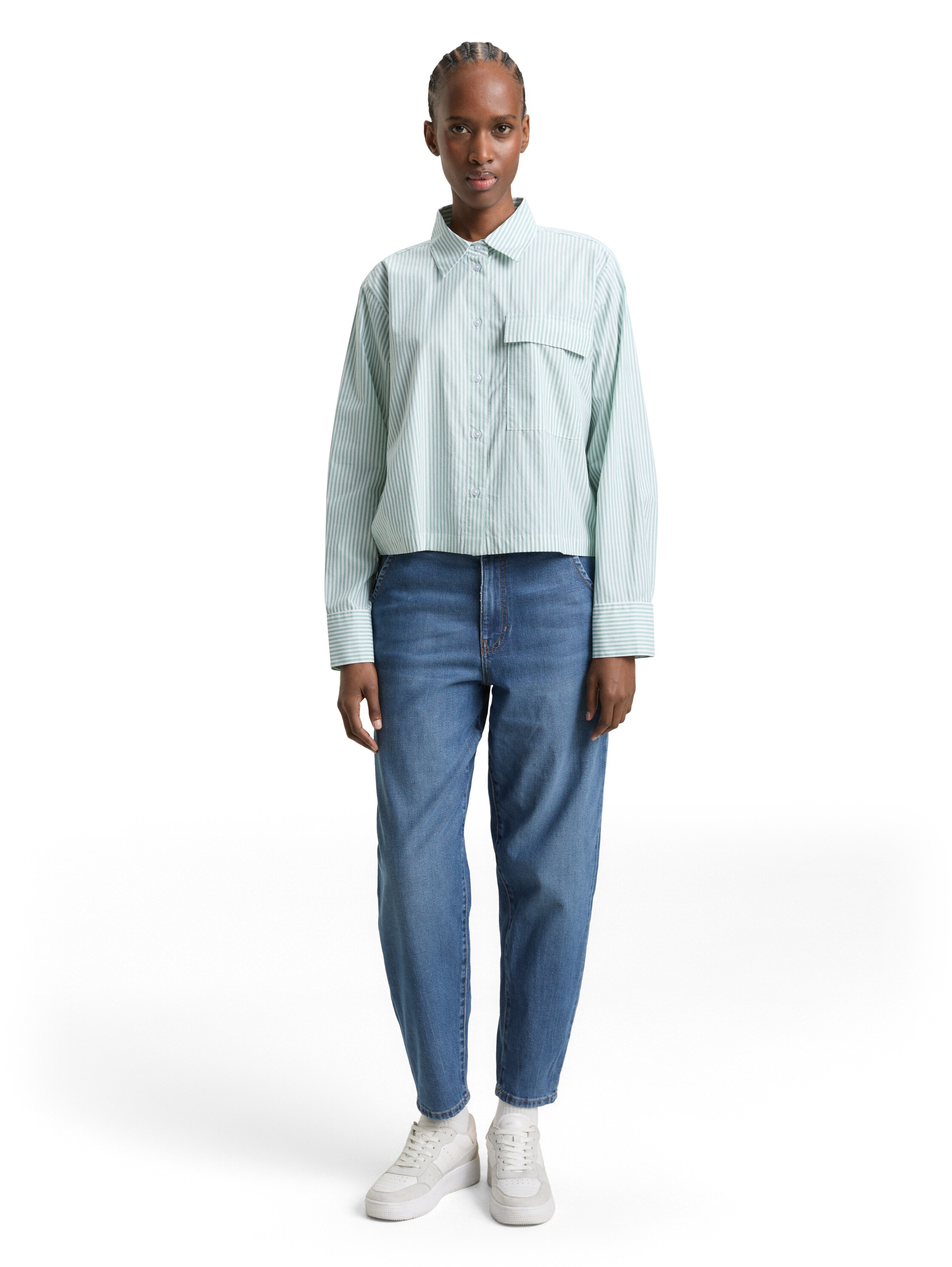 TOM TAILOR Denim Blouse à manches longues gestreift, kurze Form, mit Brusttasche