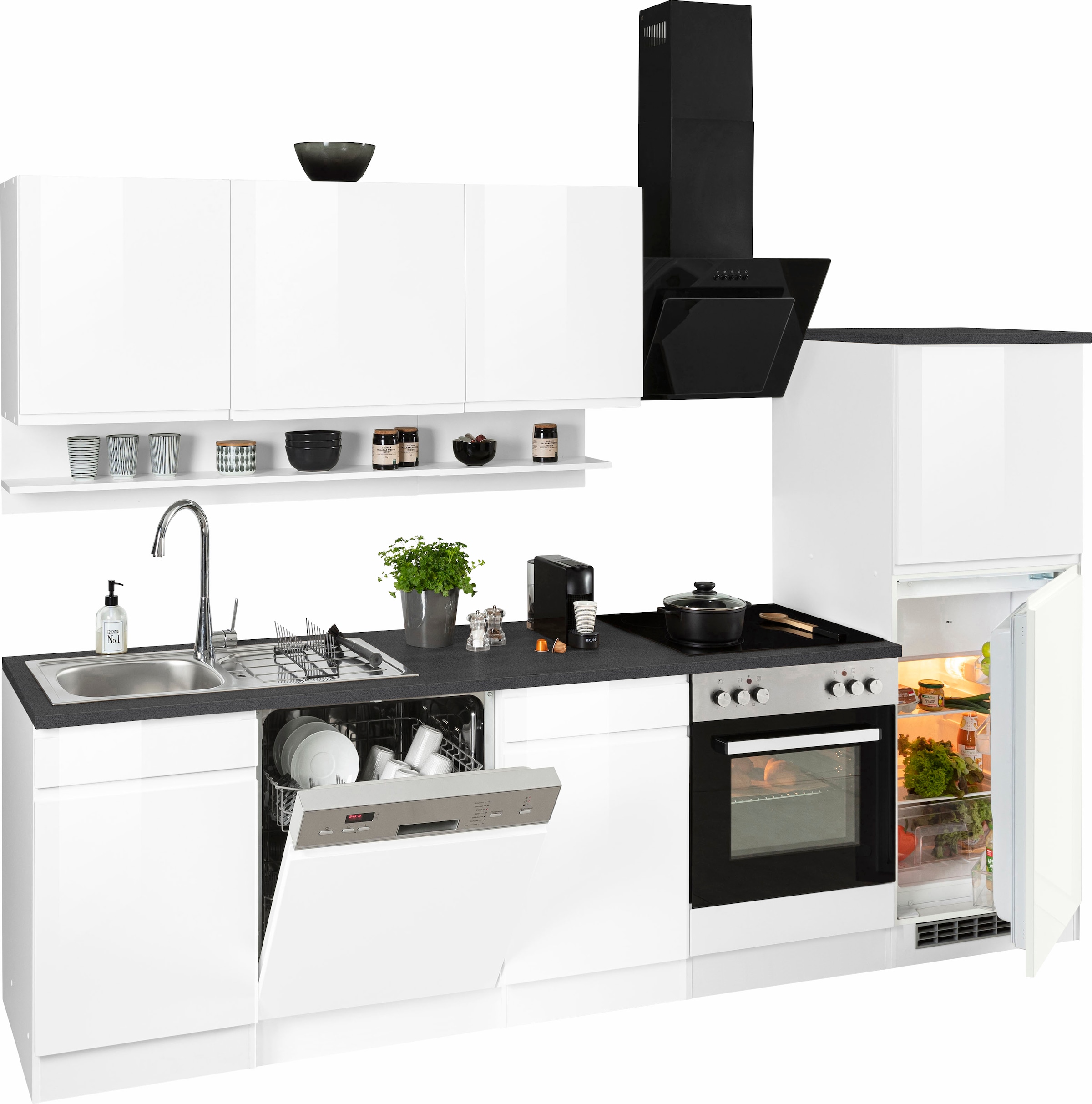 KOCHSTATION Kitchenette »KS-Virginia,neu in verbesserter Ausführung« plan de travail épaisseur 38 mm, rangement, fermeture douce,  Largeur 280 cm, fermeture douce, avec ou sans appareils électriques