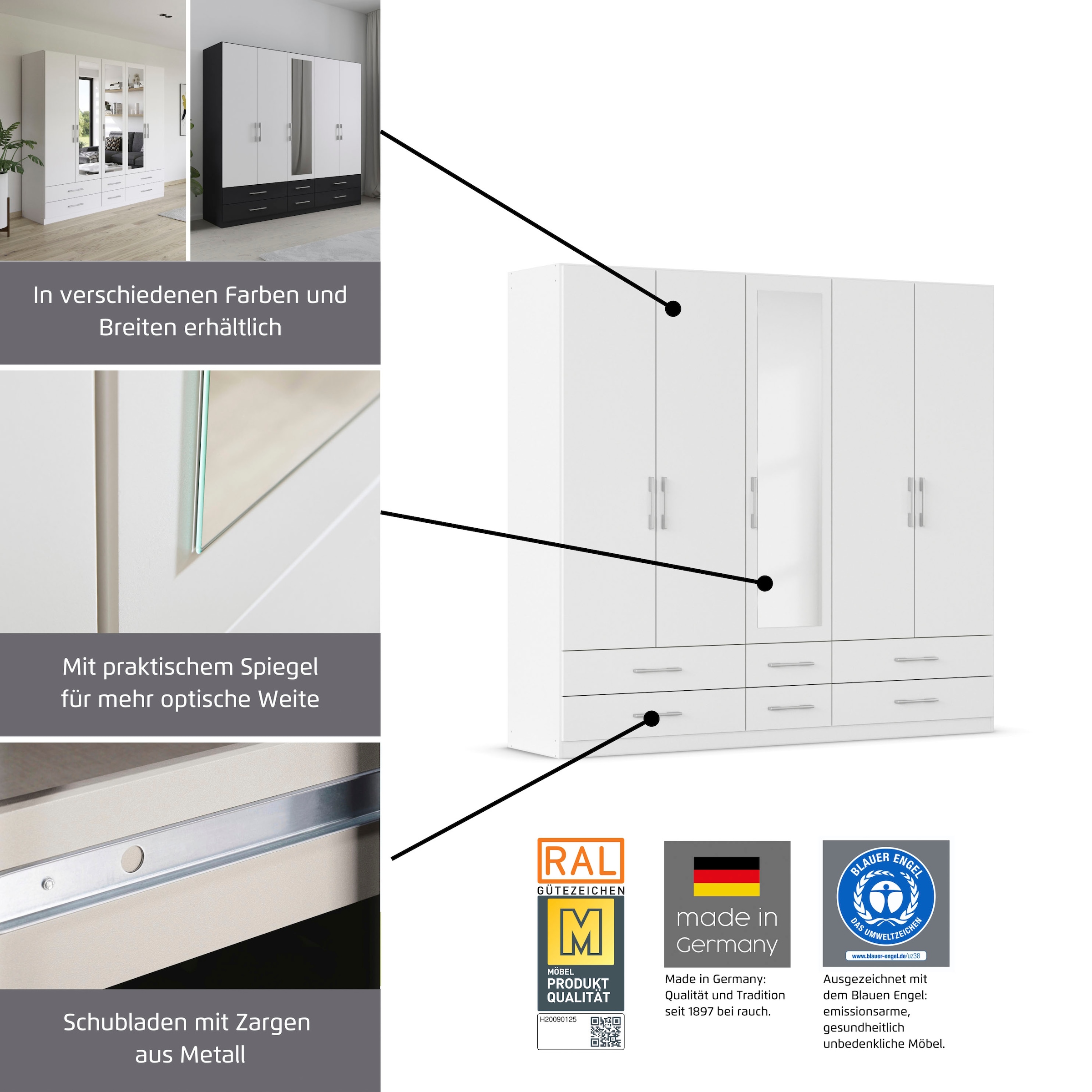 rauch Kleiderschrank »Schrank Garderobe Wäscheschrank HERSBRUCK in 2 Breiten« Breiten: 226 oder 271 cm, Höhe 210 cm,  mit 6 grosszügigen Schubladen sowie Spiegeltüren MADE IN GERMANY