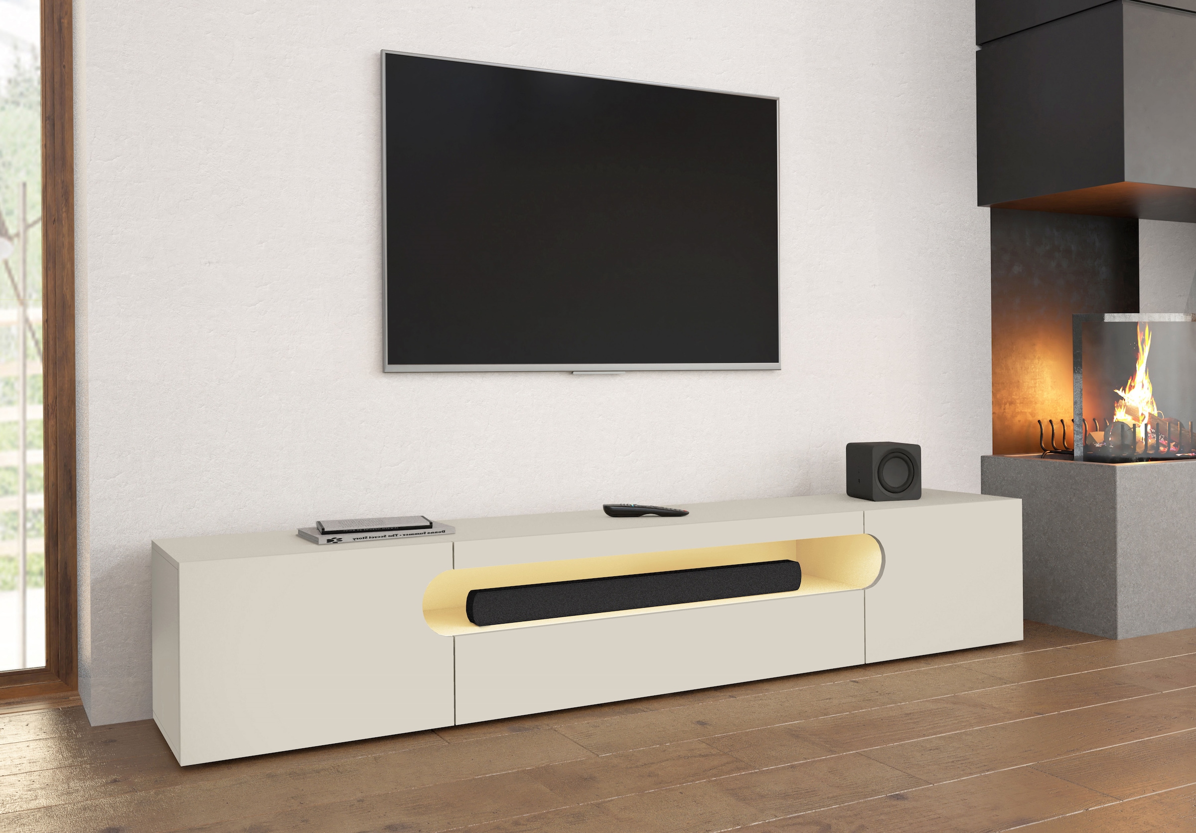 Home affaire Table basse »REAL TV-Möbel, 240 cm breit, 40/60 cm hoch, Hochglanz oder matt« mit 2 abgerundeten Türen, 1 Klappe, die ein ovales offenes Fach bilden