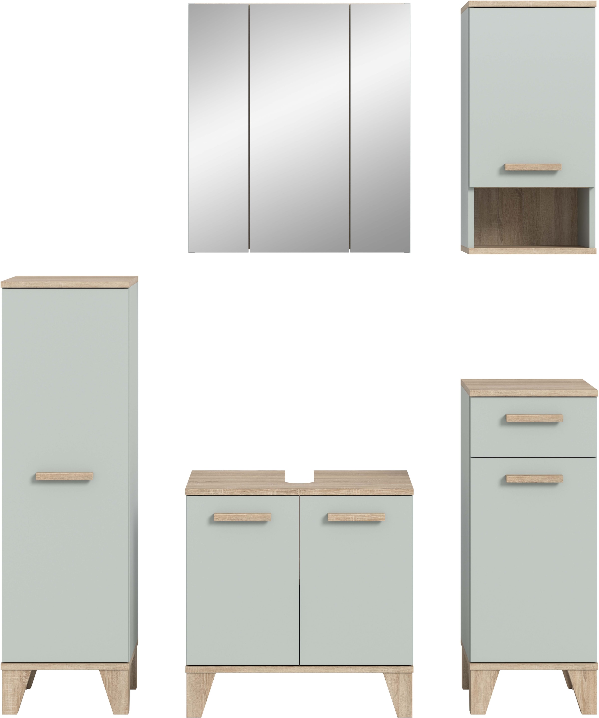 welltime Ensemble de meubles de salle de bain »MINTTU, 5-teilige moderne Badkombination im SCANDI-Look« bestehend aus: 2x Midischrank, WBU, Spiegelschrank, Hängeschrank, 5 cuis tlg.