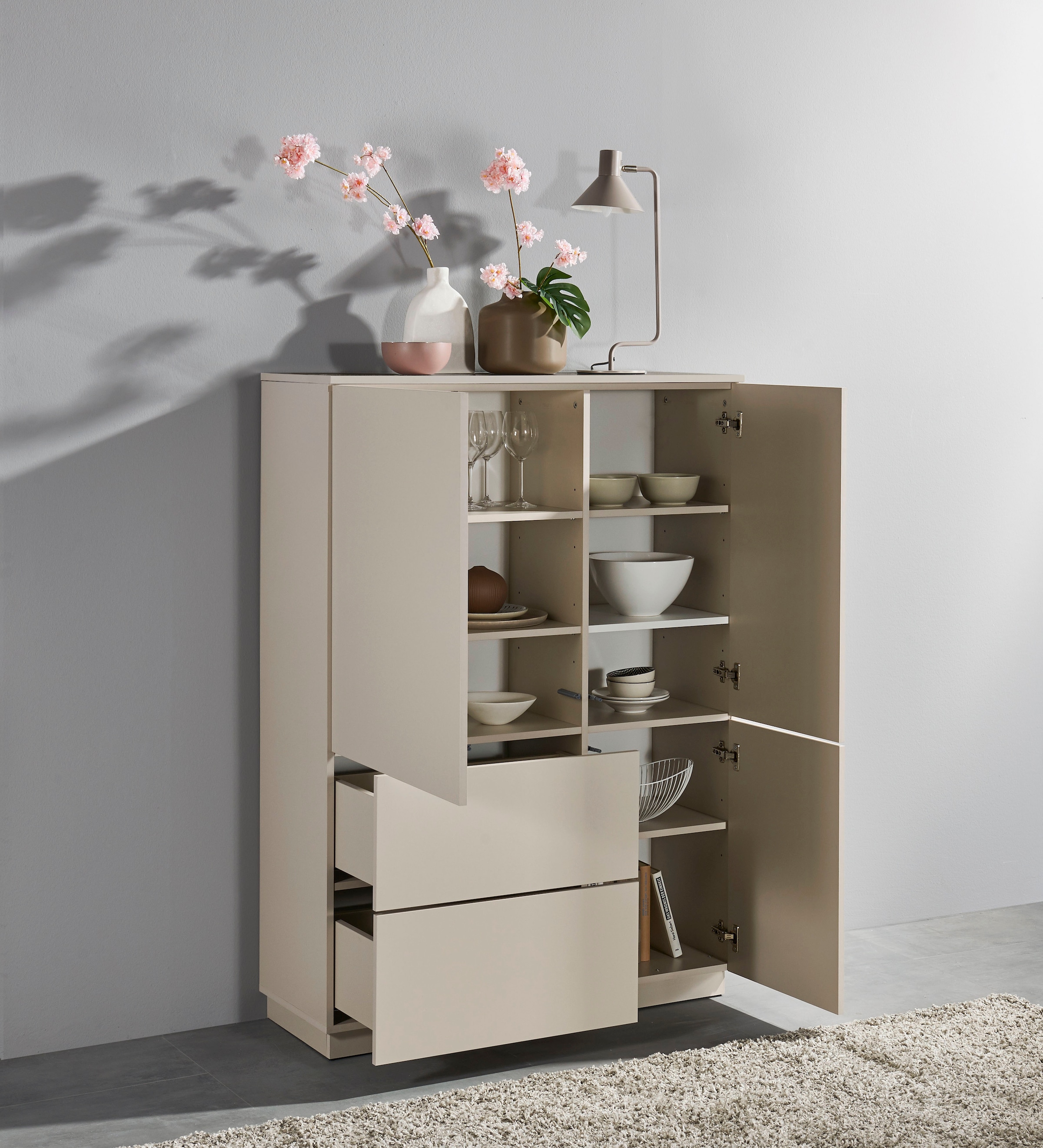 HBZ Highboard »Vince Highboard, B/H/T 103x142x38 cm« 1 Stk. tlg. Breite 103 cm, Push-to Open, Melaminbeschichtung