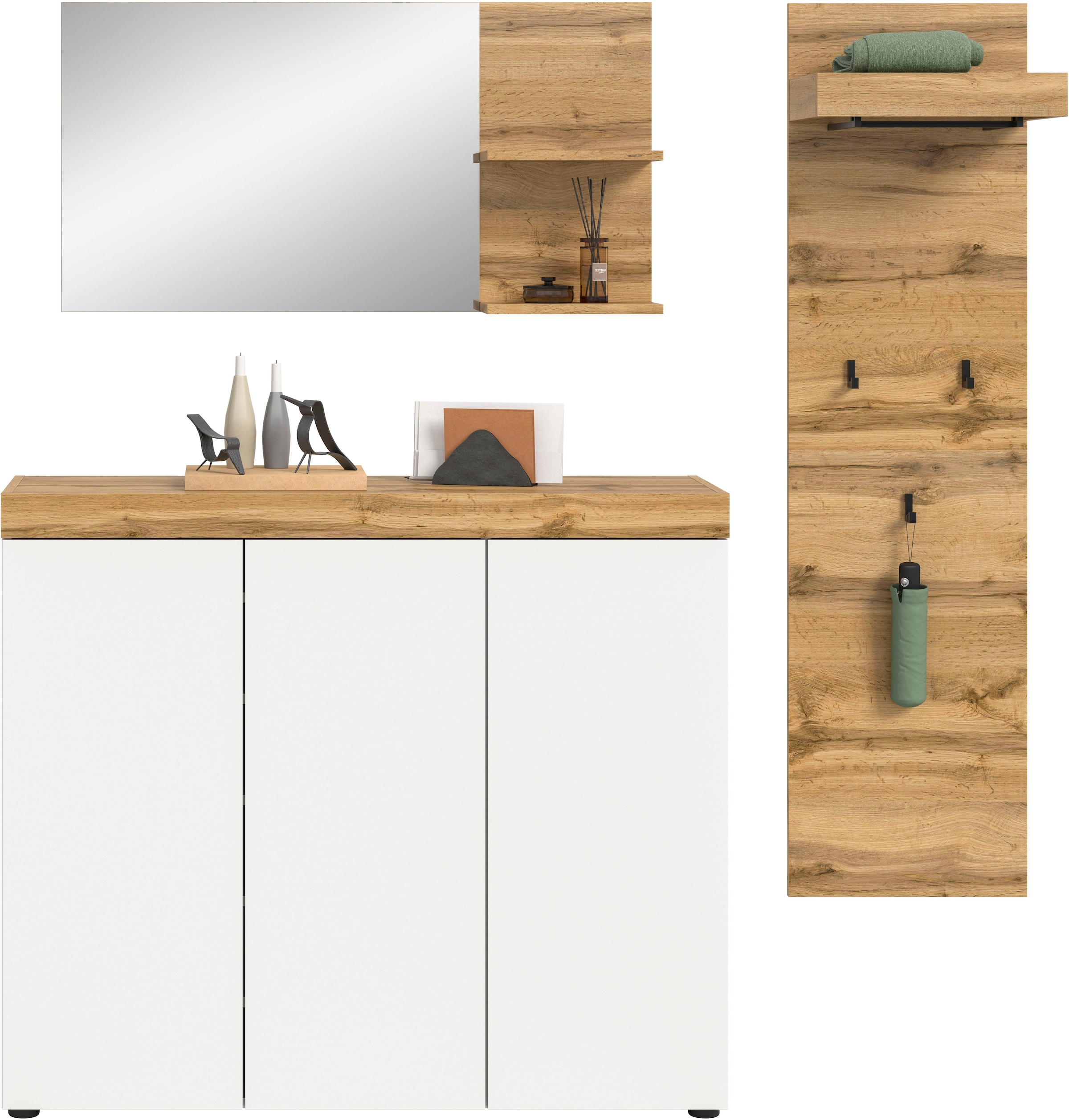 GOODproduct Garderoben-Set »MAMBO, 3-teilige Kombination, stehend & hängend montierbar« bestehend aus: Kommode, Spiegel, Garderobenpaneel, 3 Stk. tlg.