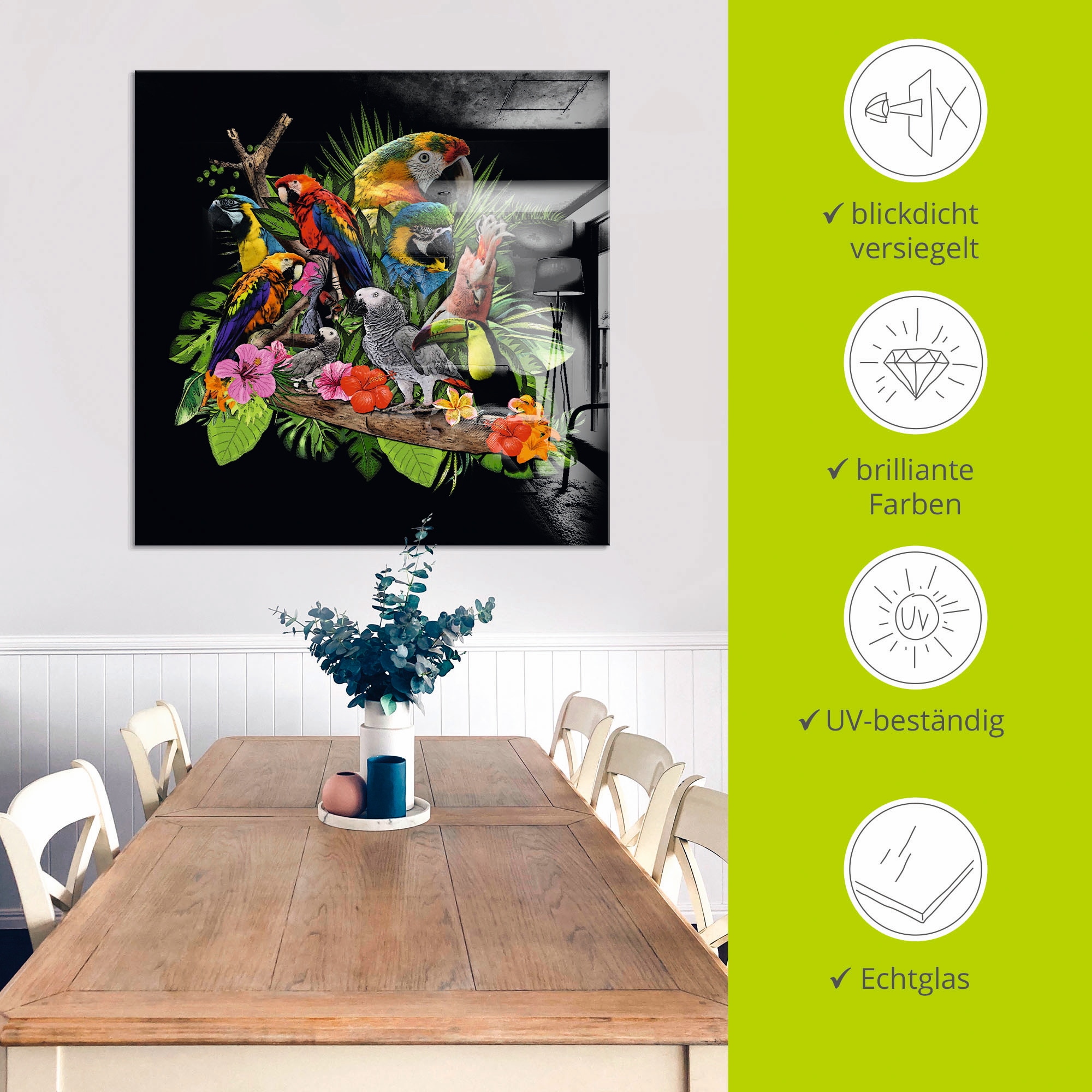 Artland Glasbild »Papageien Graupapagei Kakadu Dschungel« Vögel 1 Stk. tlg. in verschiedenen Grössen