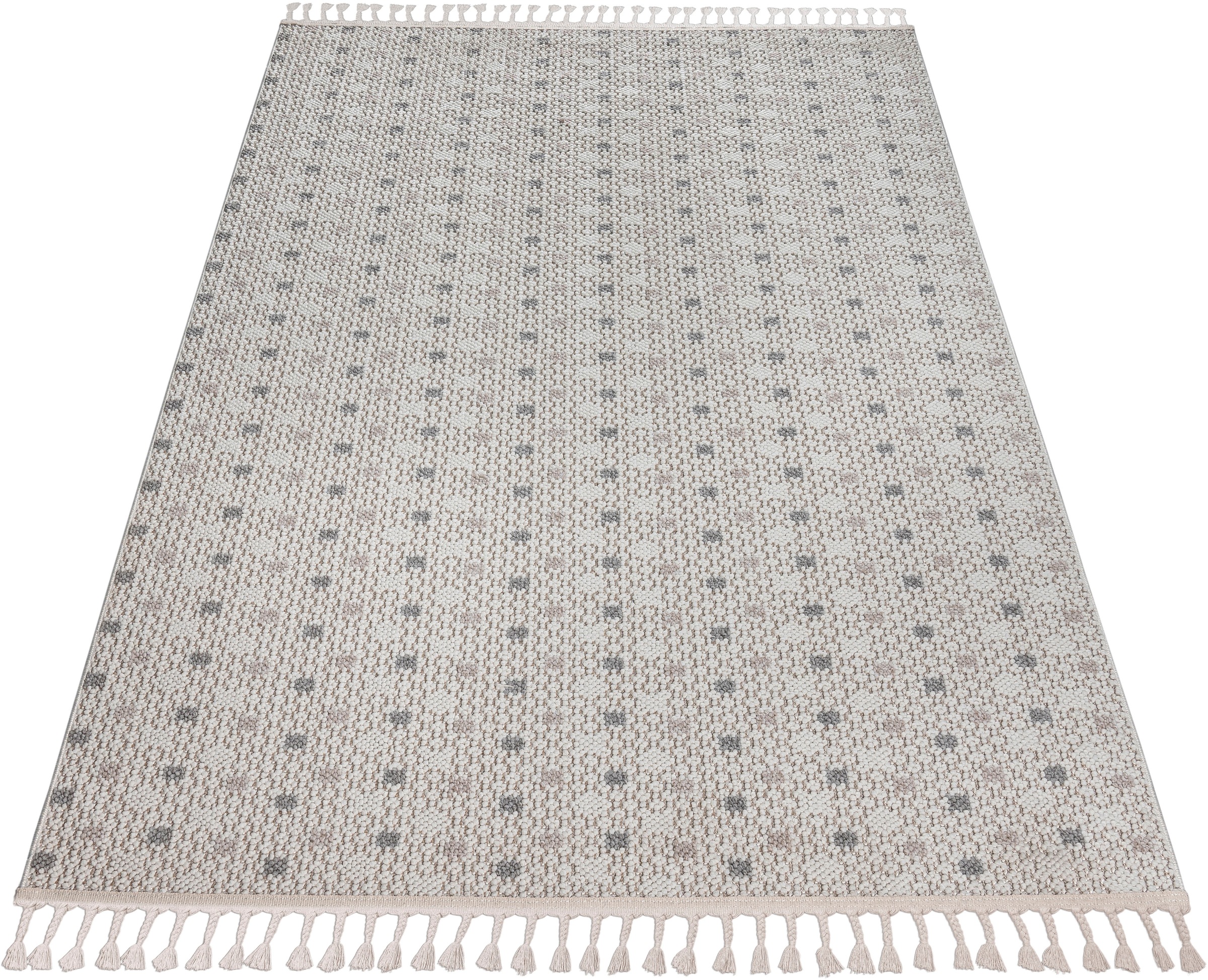 Bruno Banani Teppich »Dotty, In- und Outdoor geeignet« rechteckig 6 mm Höhe Woll-Optik, Hoch-Tief Struktur, mit Fransen, Balkon, Terrasse