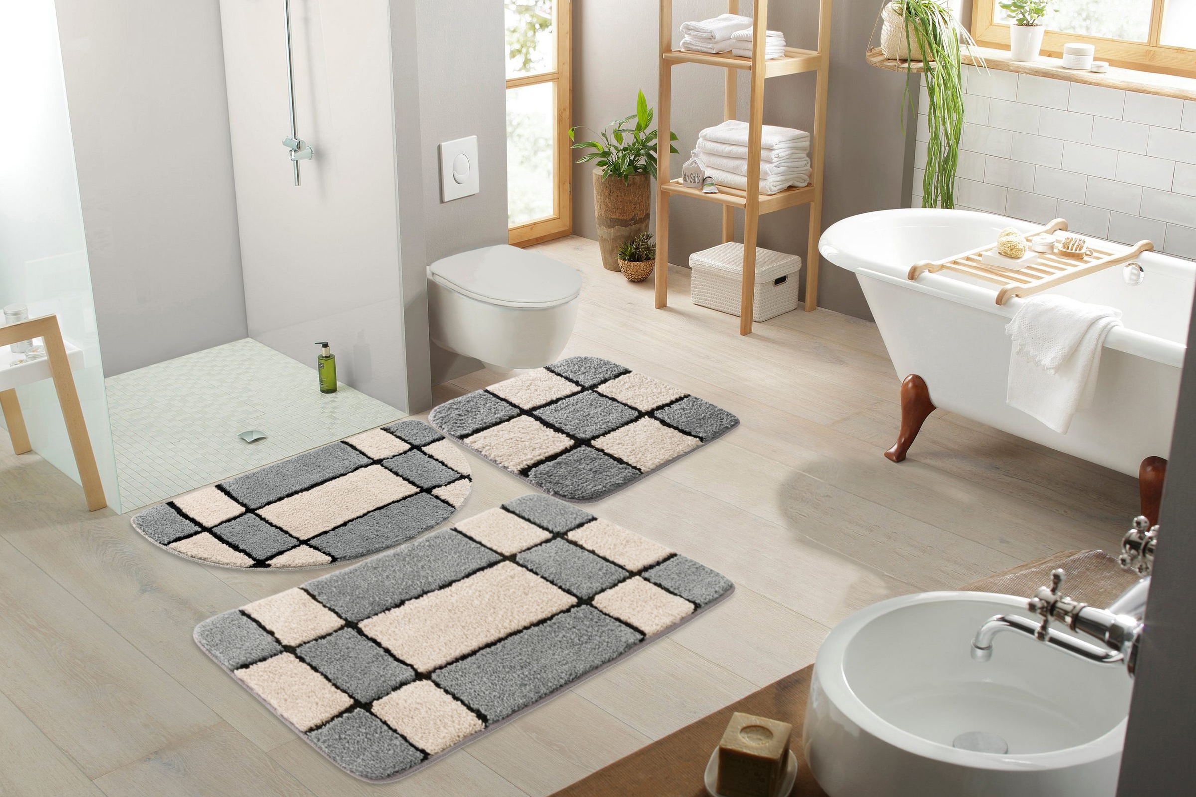 my home Badematte »Melli« Höhe 16 mm rutschhemmend beschichtet fussbodenheizungsgeeignet Badteppich, mit Muster, karierte Badematte