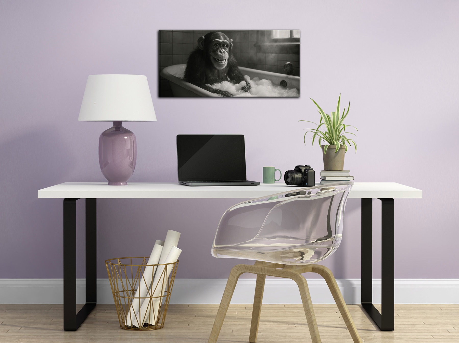 Bönninghoff Image »Wandbild SCHIMPANSE IM BAD 33x70 cm – Leinwandbild Keilrahmen Deko« Humour | Images de singes | Singes tendu sur châssis