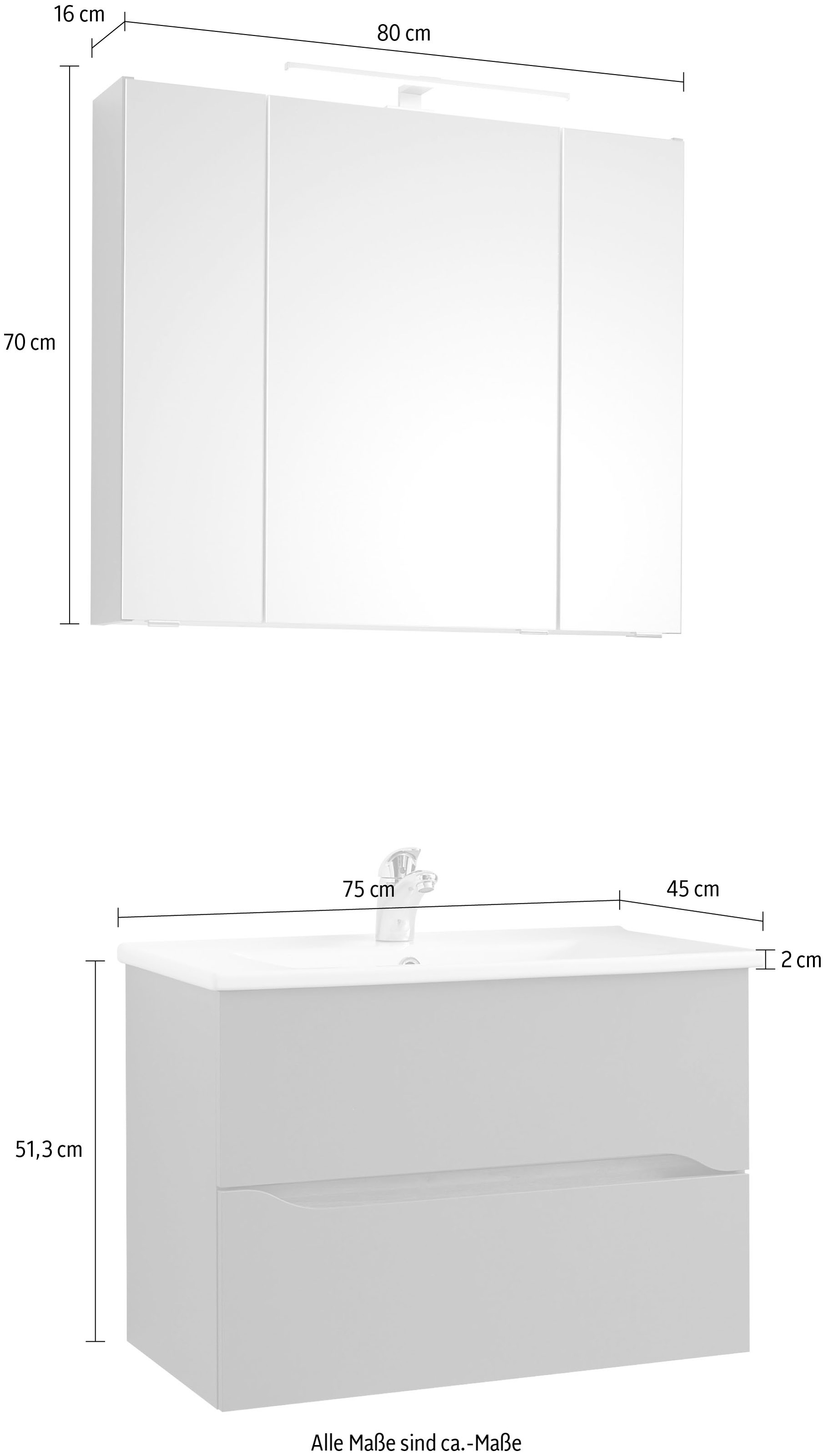 Saphir Ensemble de meubles de salle de bain »Quickset 2-teilig, Keramikwaschtisch mit LED-Spiegelschrank« 2 cuis tlg.