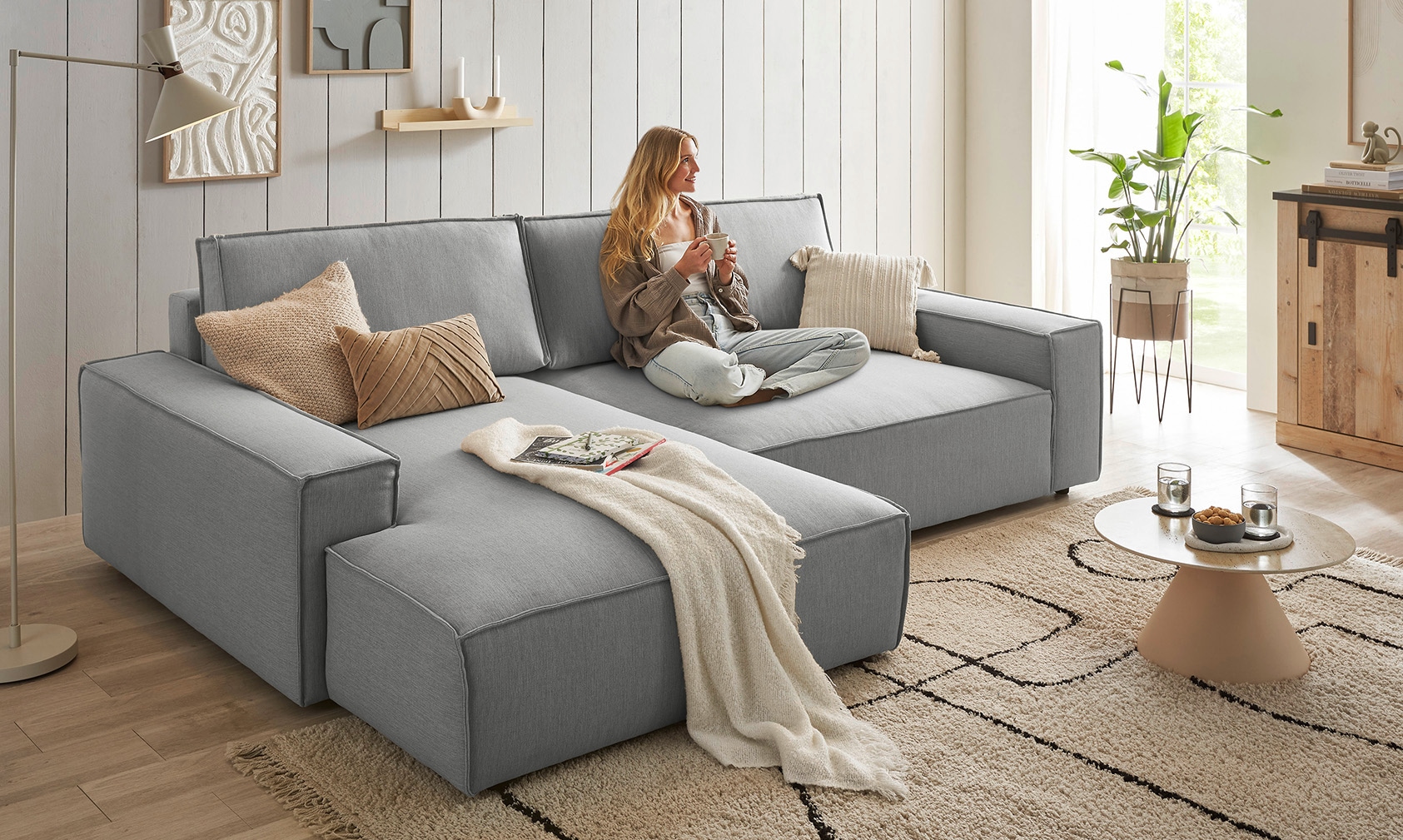 Home affaire Canapé d'angle »NEU: SHERWOOD XXL 284, Big-Sofa L-Form, tiefe Sitzfläche 95 cm, Cord« Recamiere rechts/links, als Schlafsofa stellbar, Cord u. Leinenoptik