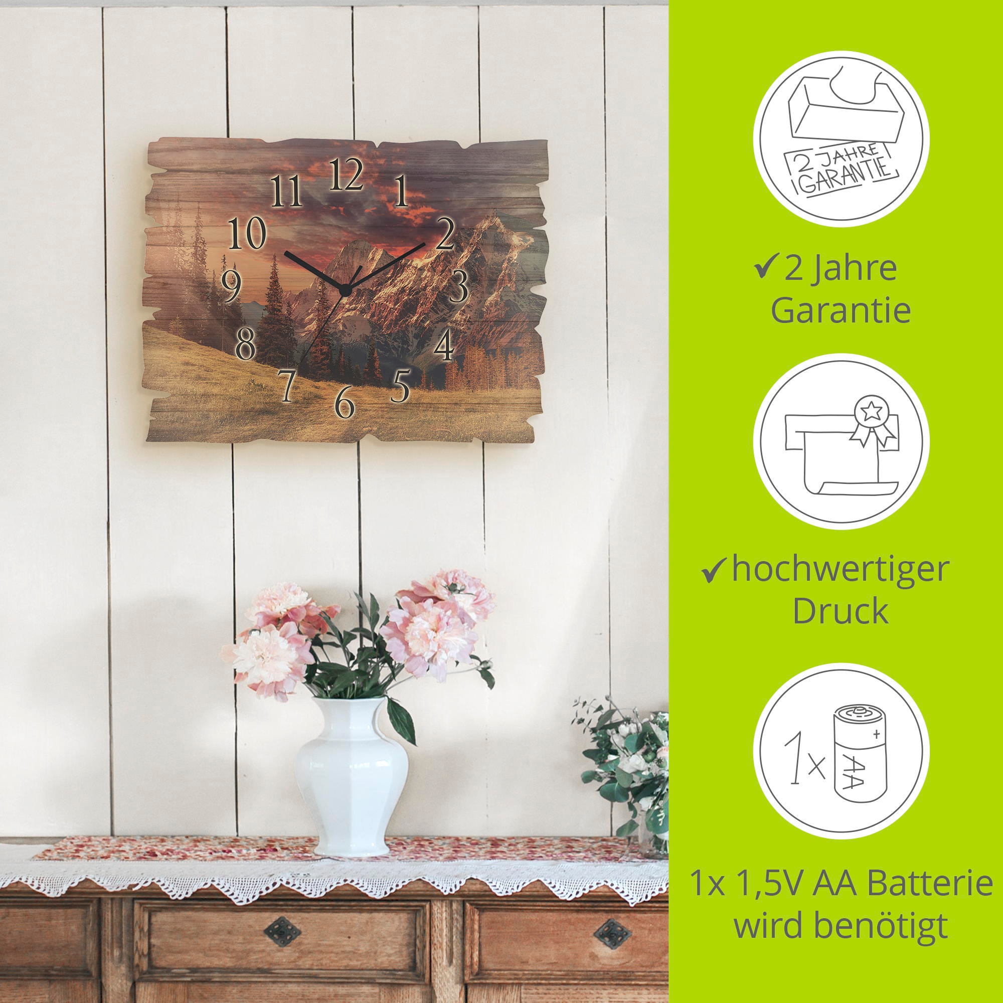Artland Wanduhr »Holzuhr Alpines Hochland« wahlweise mit  Quarz- oder Funkuhrwerk, lautlos ohne Tickgeräusche